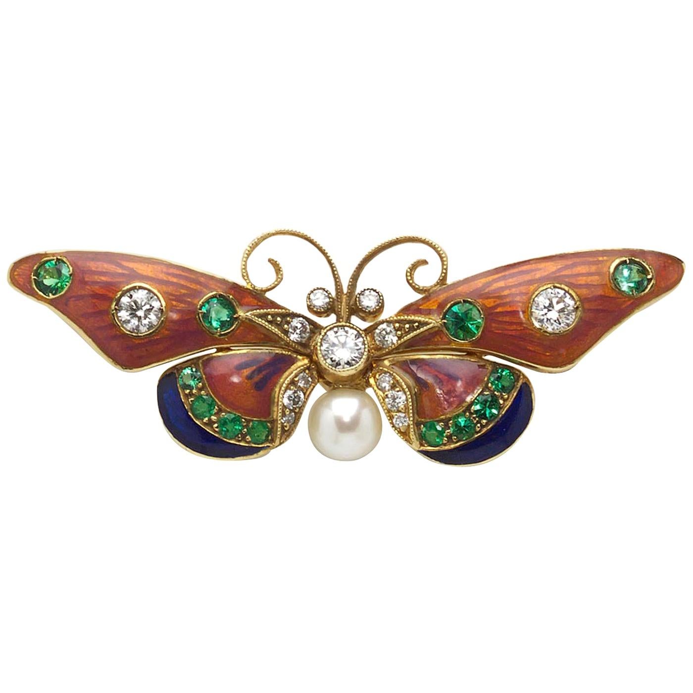 Pink and Blue Enamel Pearl Emerald Diamond Gold Butterfly Brooch