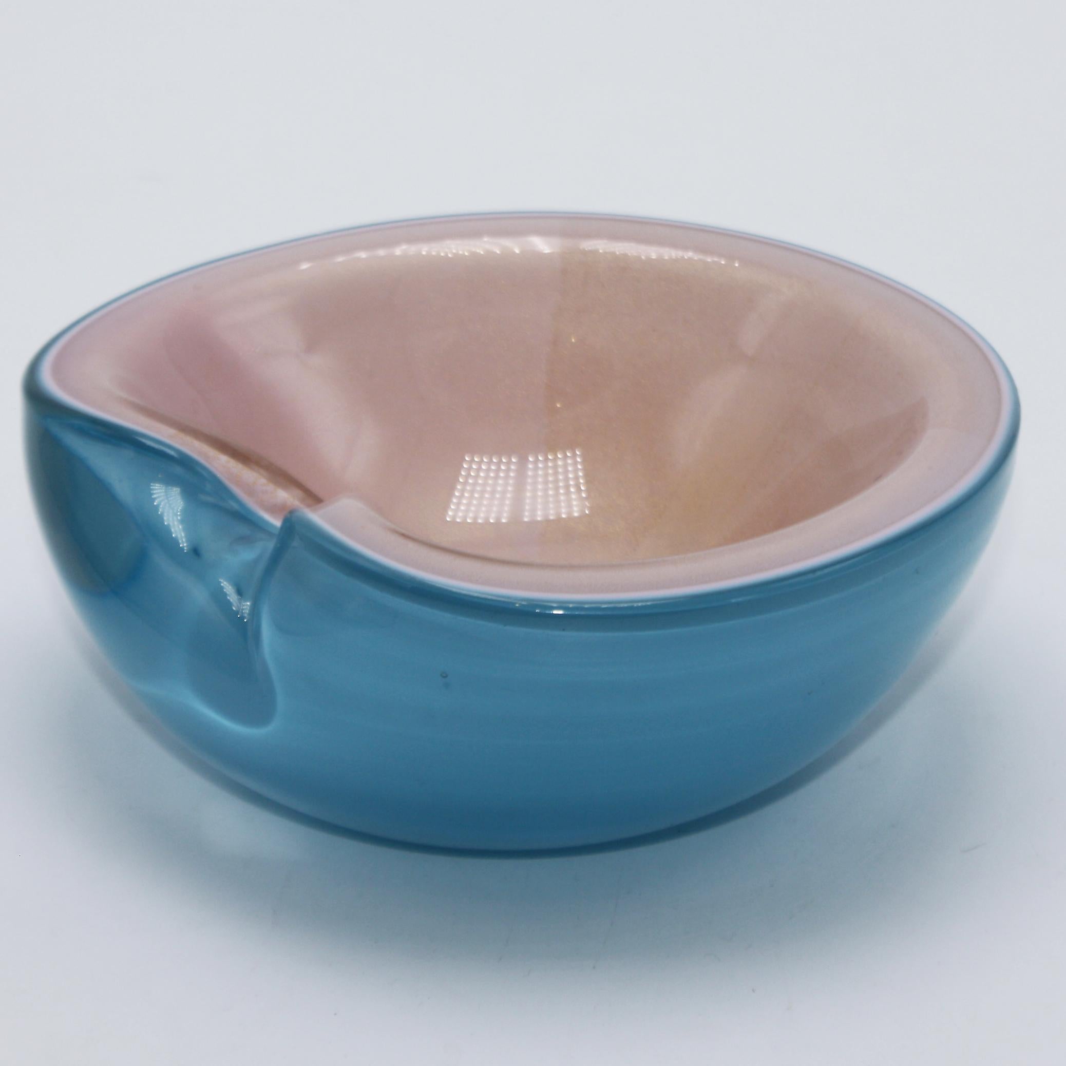 Pink and blue encased Murano bowl with gold inclusions, circa 1950.