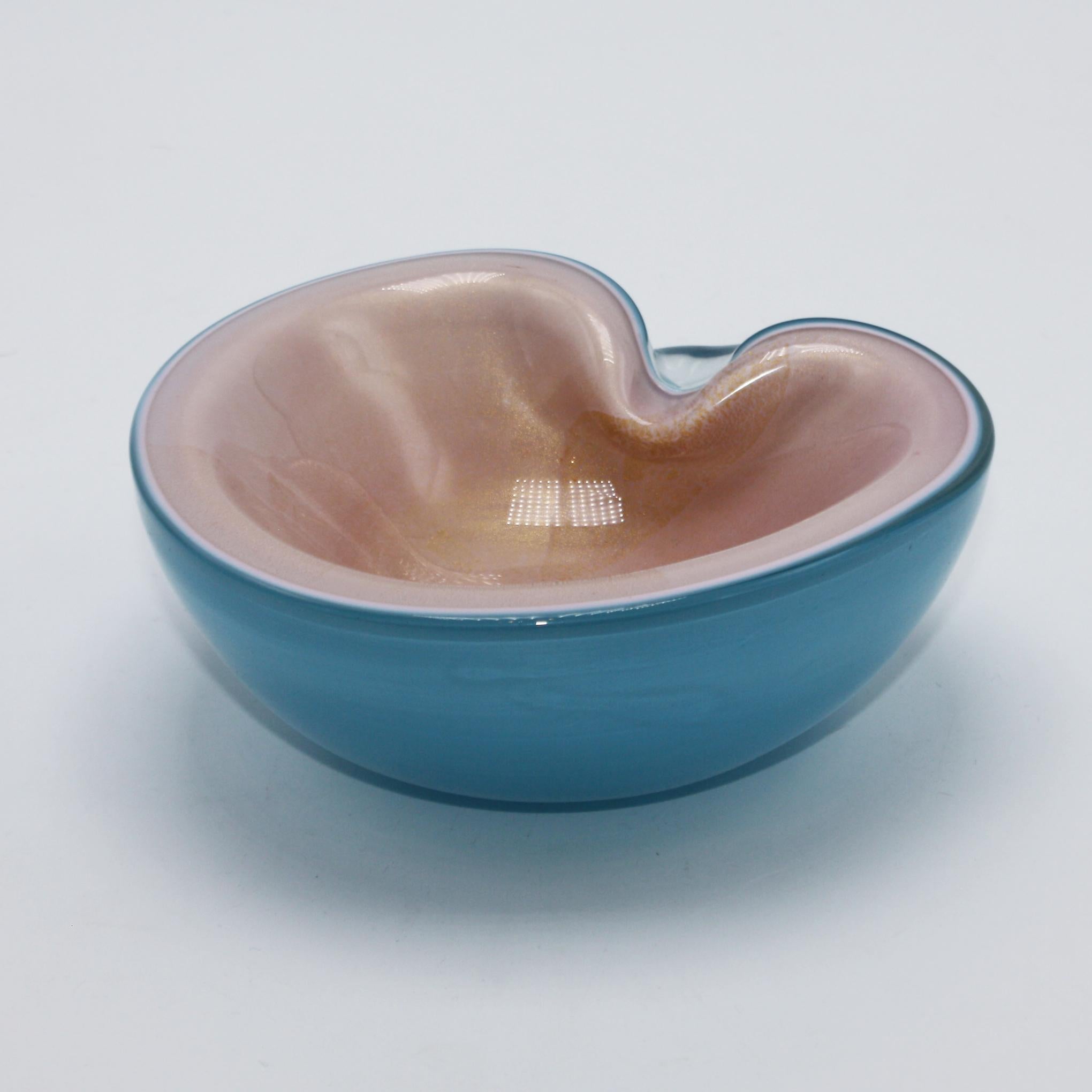 Italian Pink and Blue Encased Murano Bowl with Gold Inclusions, circa 1950