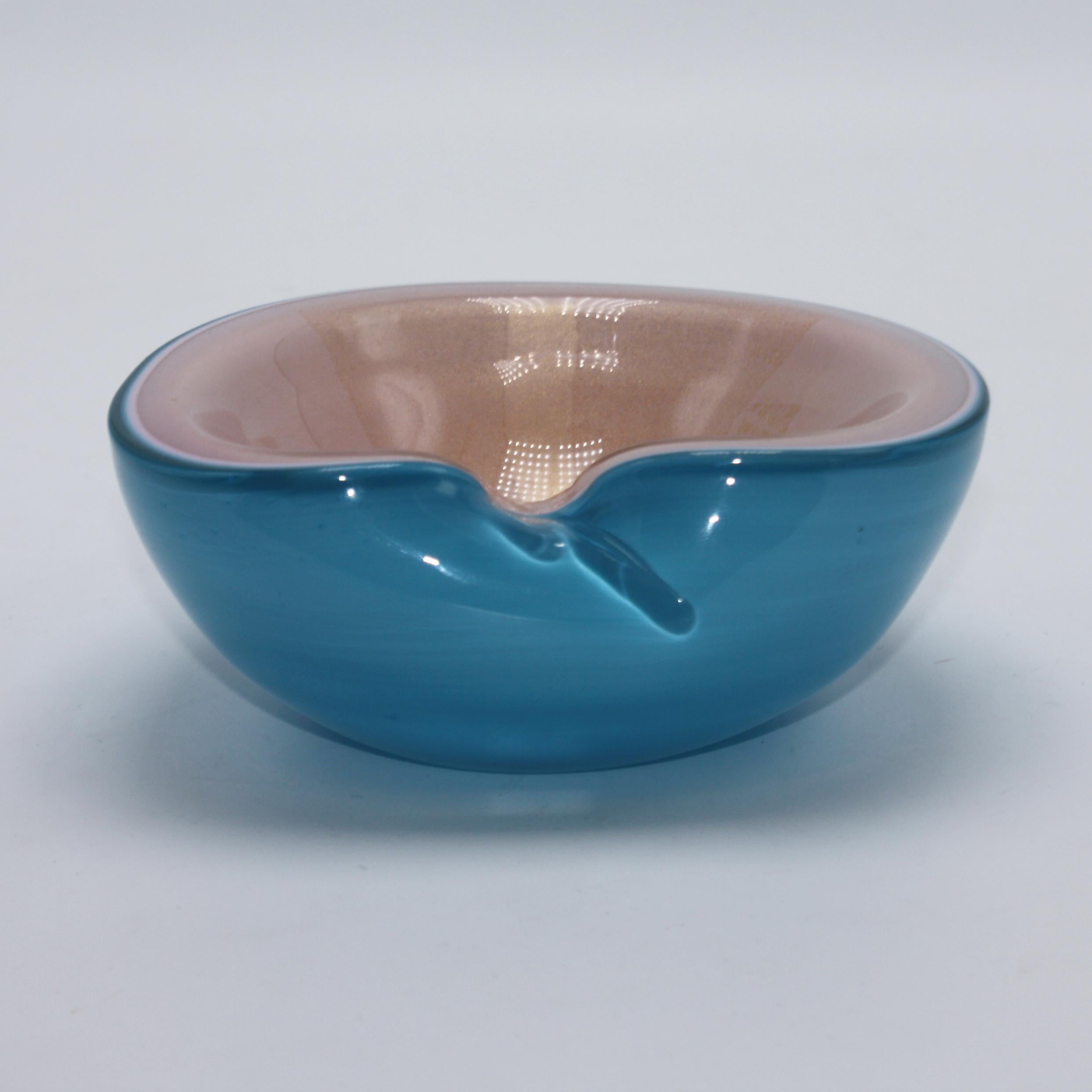 Pink and Blue Encased Murano Bowl with Gold Inclusions, circa 1950 In Good Condition In Dallas, TX