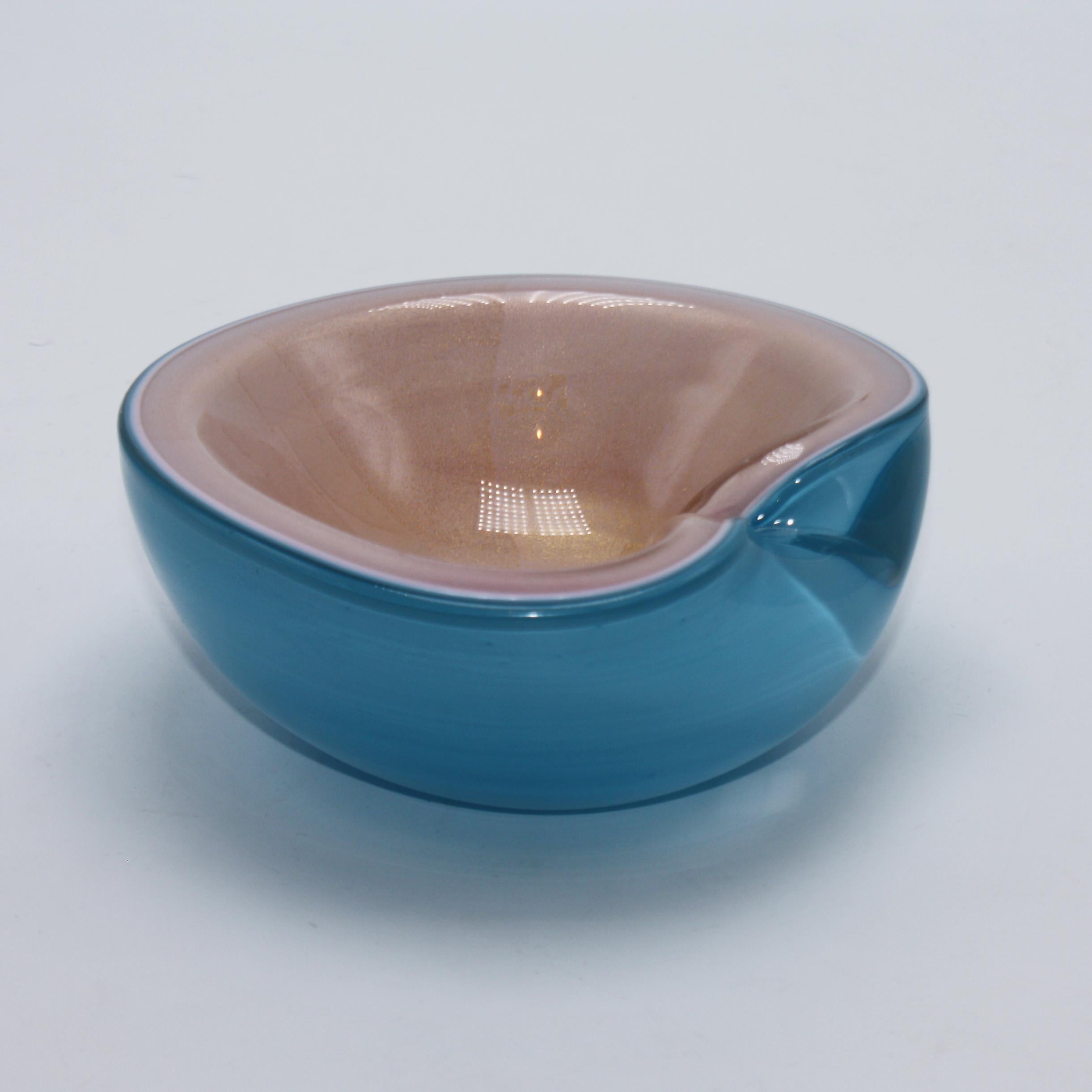 Mid-20th Century Pink and Blue Encased Murano Bowl with Gold Inclusions, circa 1950