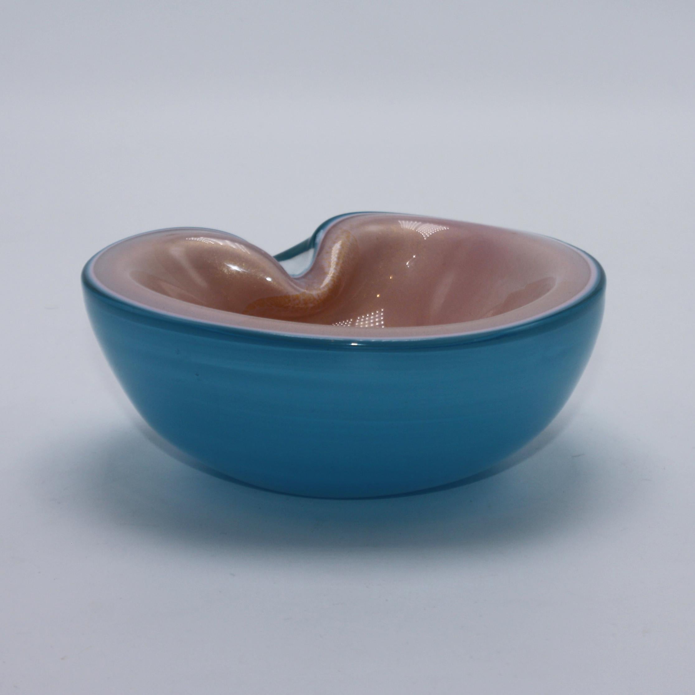 Murano Glass Pink and Blue Encased Murano Bowl with Gold Inclusions, circa 1950