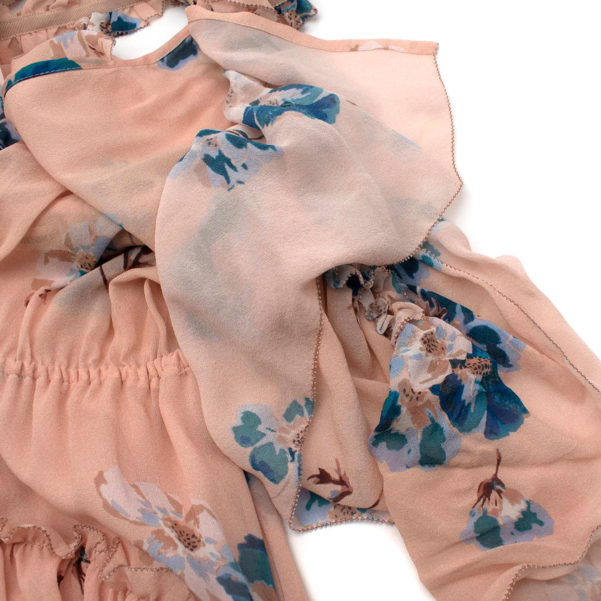 Beige Pink And Blue Floral Chiffon Halterneck Dress For Sale