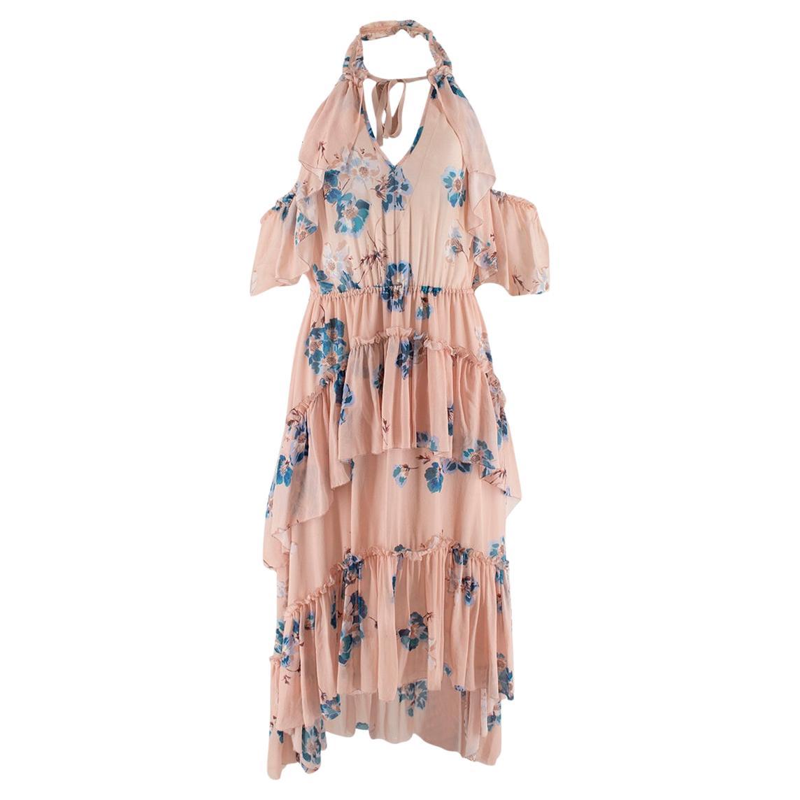 Pink And Blue Floral Chiffon Halterneck Dress For Sale