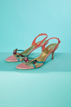 Pink and blue leather sandals with multicolor rhinestone embellishment Miu-Miu