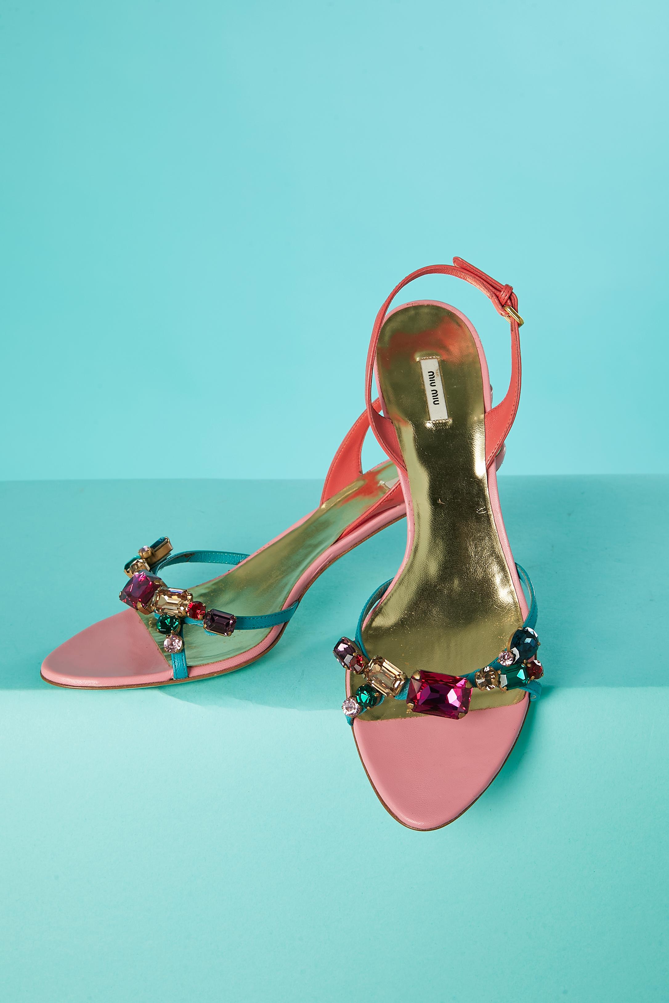 Pink and blue leather sandals with multicolor rhinestone embellishment Miu-Miu  In Excellent Condition For Sale In Saint-Ouen-Sur-Seine, FR