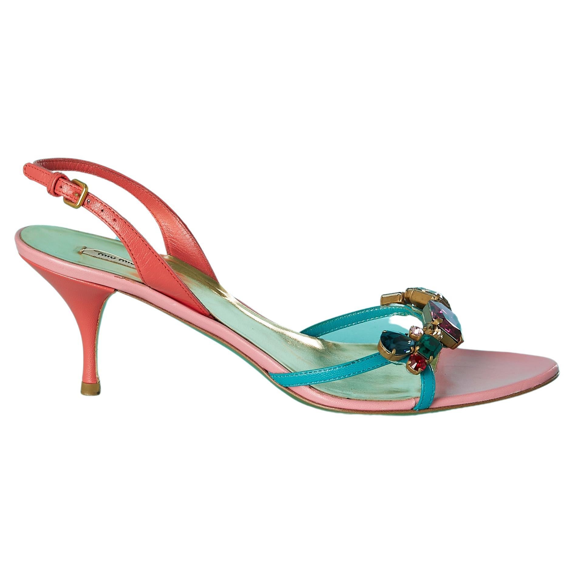 Pink and blue leather sandals with multicolor rhinestone embellishment Miu-Miu  For Sale
