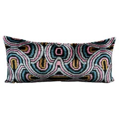 Pink and Blue Lumbar Velvet Silk Ikat Pillow Cover