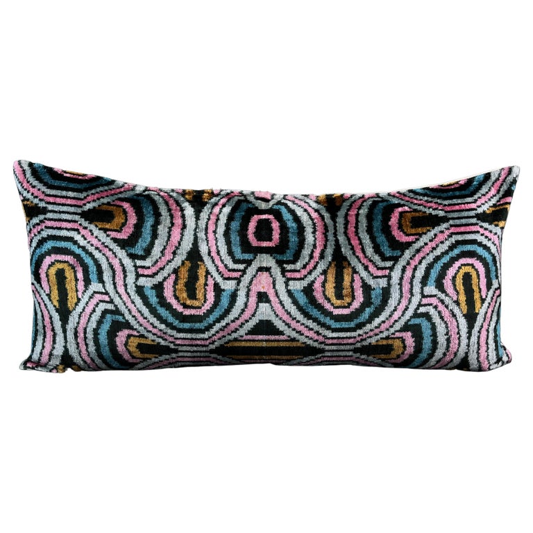 Pink and Blue Lumbar Velvet Silk Ikat Pillow Cover For Sale at 1stDibs