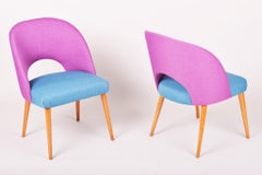 Pink and Blue Mid Century Armchairs Made in '50s Czechia, Restored Beech