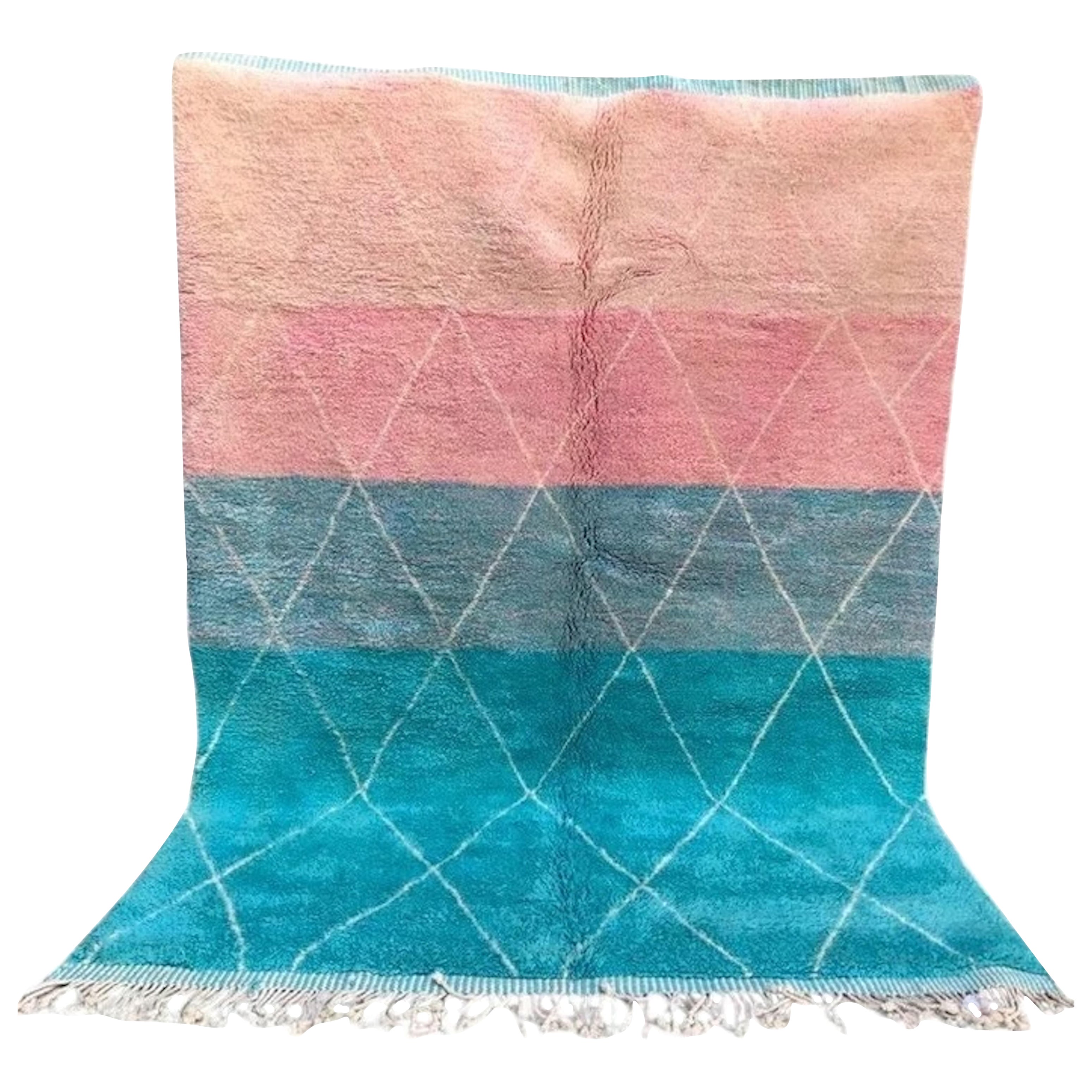 Pink and Blue Moroccan Wool Beni M'Rirt Rug with Abstract Line Design For Sale