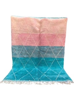Pink and Blue Moroccan Wool Beni M'Rirt Rug with Abstract Line Design