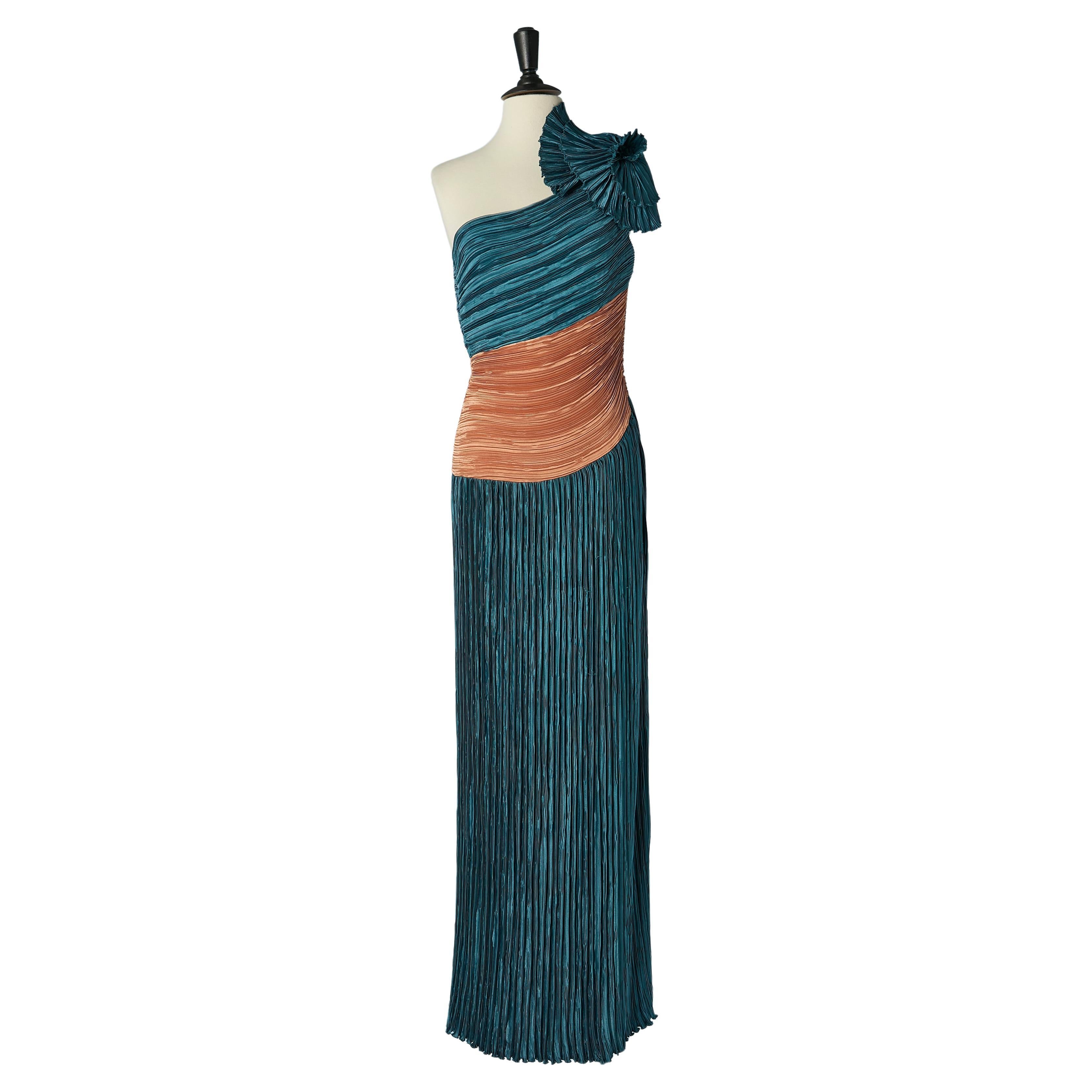 Pink and blue pleated asymmetrical evening dress Circa 1980's For Sale