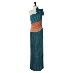 Robe de soirée asymétrique plissée rose et bleue des années 1980
