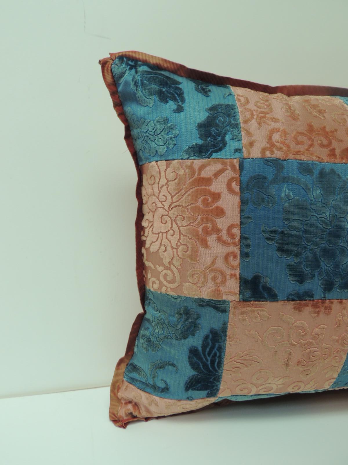 Pink and blue romance through the Gilded Age’s Asian textiles patchwork Lumbar pillow.
Decorative pillow handcrafted from two Asian antique textiles combining floral silk cut velvet gaufrage in pink with chrysanthemums motifs and blue clouds. These
