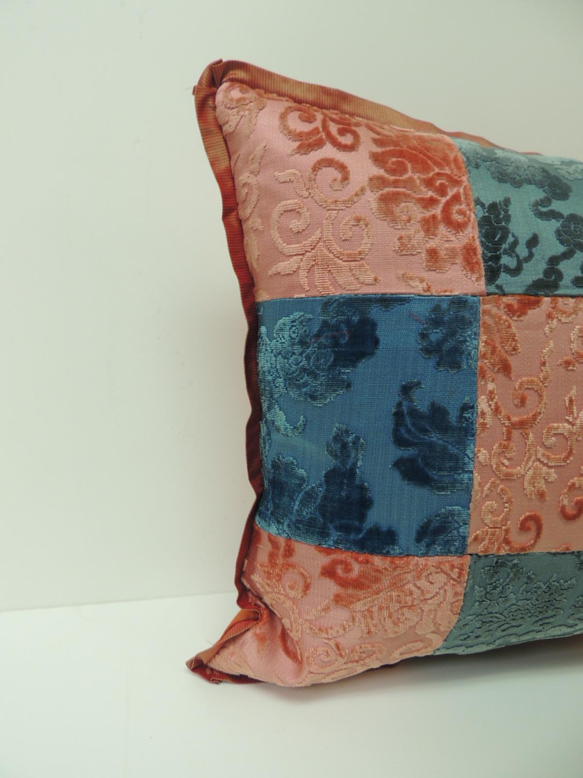 Pink and blue romance through the Gilded Age’s Asian textiles patchwork Lumbar pillow.
Decorative pillow handcrafted from two Asian antique textiles combining floral silk cut velvet gaufrage in pink with chrysanthemums motifs and blue clouds. These