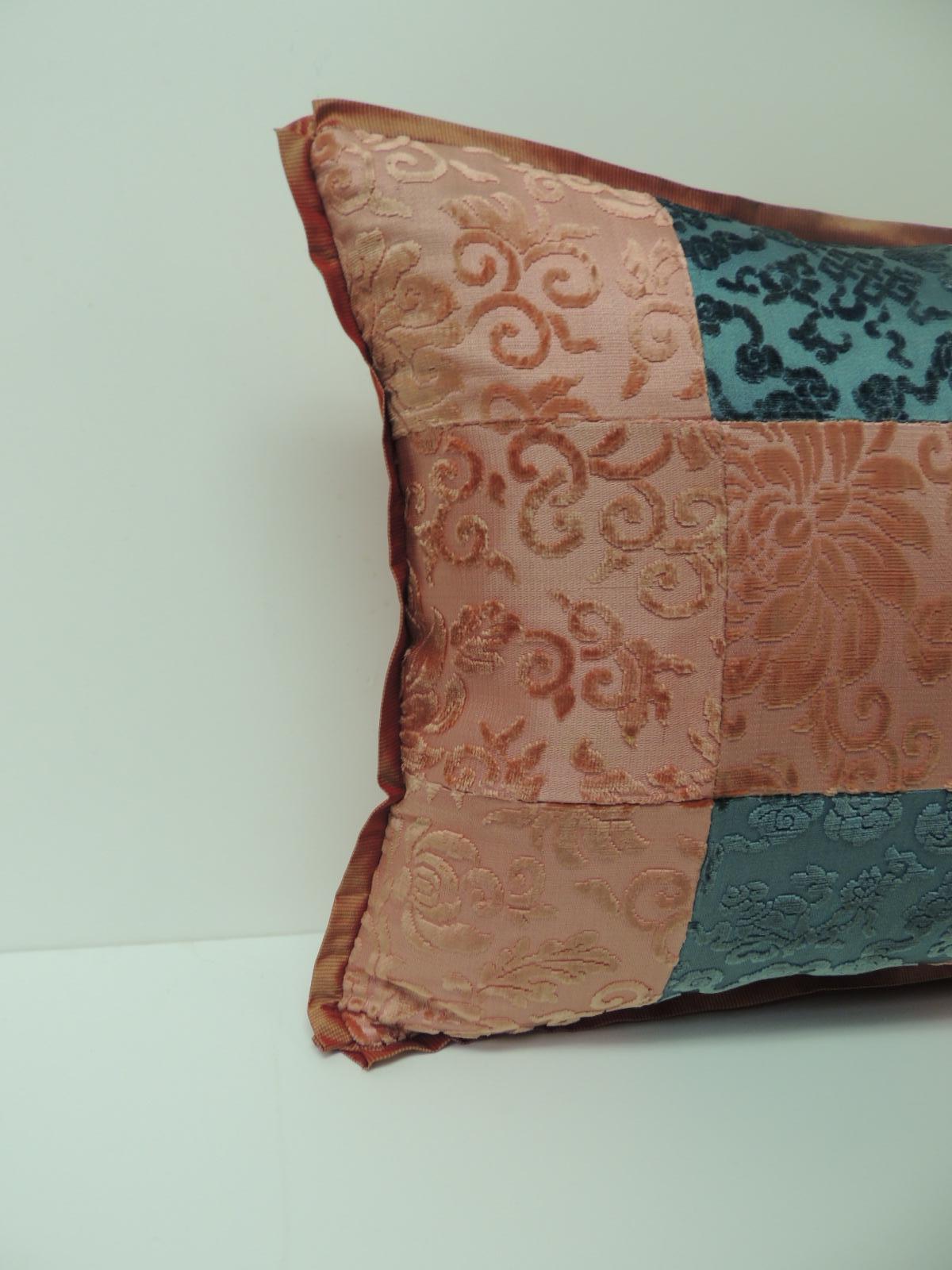 Pink and blue romance through the Gilded Age’s Asian textiles patchwork Lumbar pillow.
Decorative pillow handcrafted from two Asian antique textiles combining floral silk cut velvet gaufrage in pink with chrysanthemums motifs and blue clouds. These