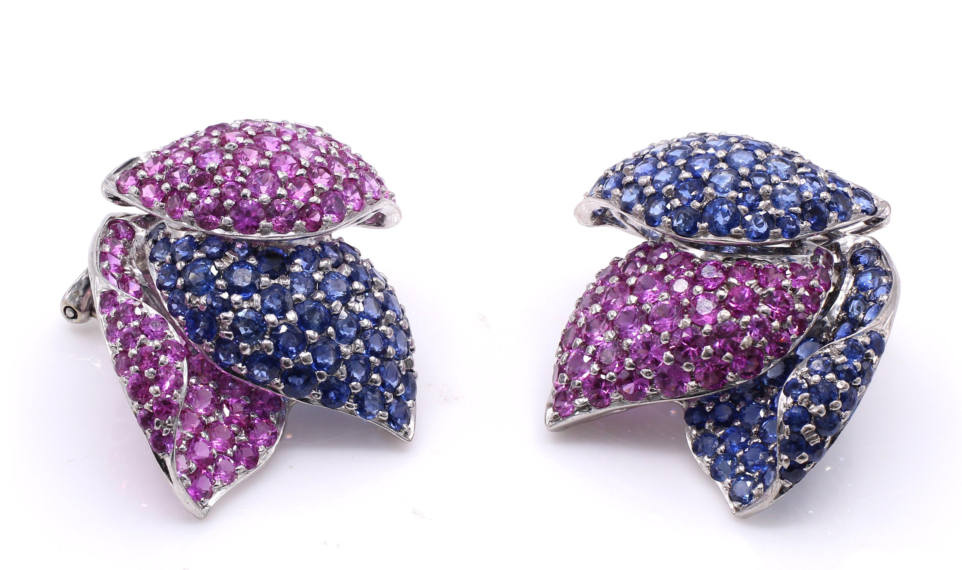 Fermagli per orecchie in oro bianco 18 carati con zaffiro rosa e blu In condizioni ottime in vendita a New York, NY