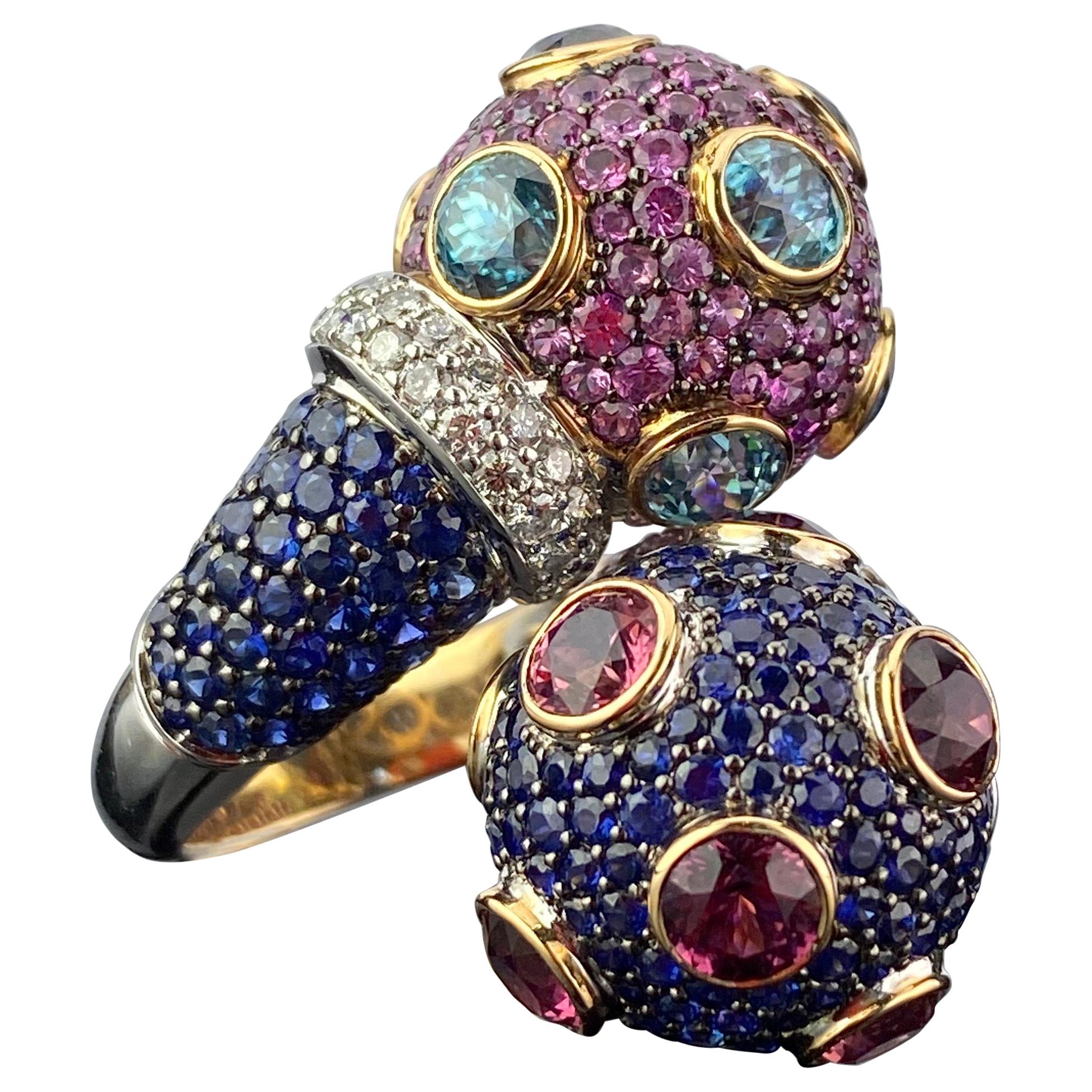 Pink and Blue Sapphire 18 Karat Gold Cocktail Ring
