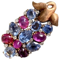 Pink and Blue Sapphire and Diamond 18 Karat Gold and Platinum Brooch