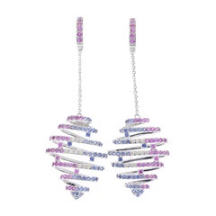 Pink and Blue Sapphire and Diamond 18 Karat White Gold Spiral Drop Earrings