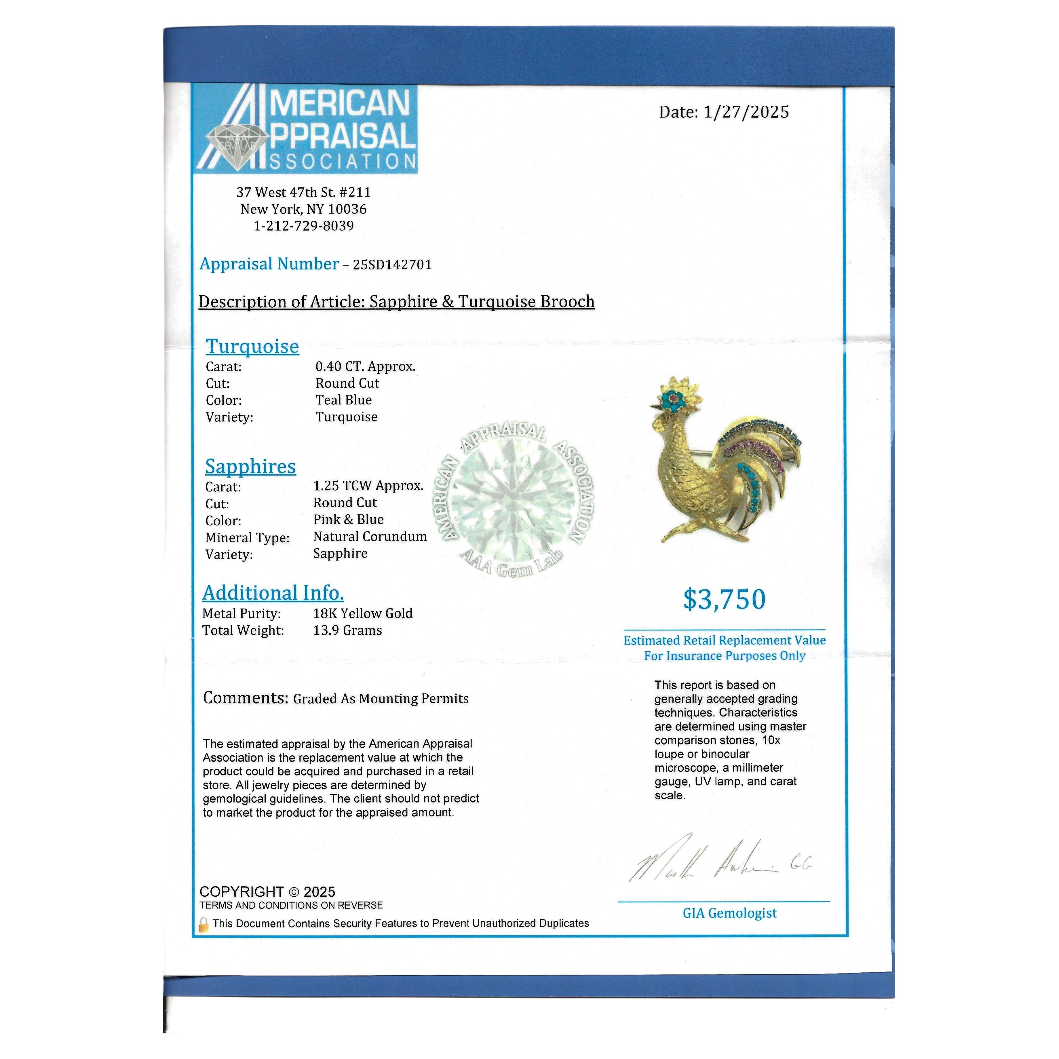 Pink and Blue Sapphire and Turquoise Rooster Brooch in 18 Karat Yellow Gold For Sale 4
