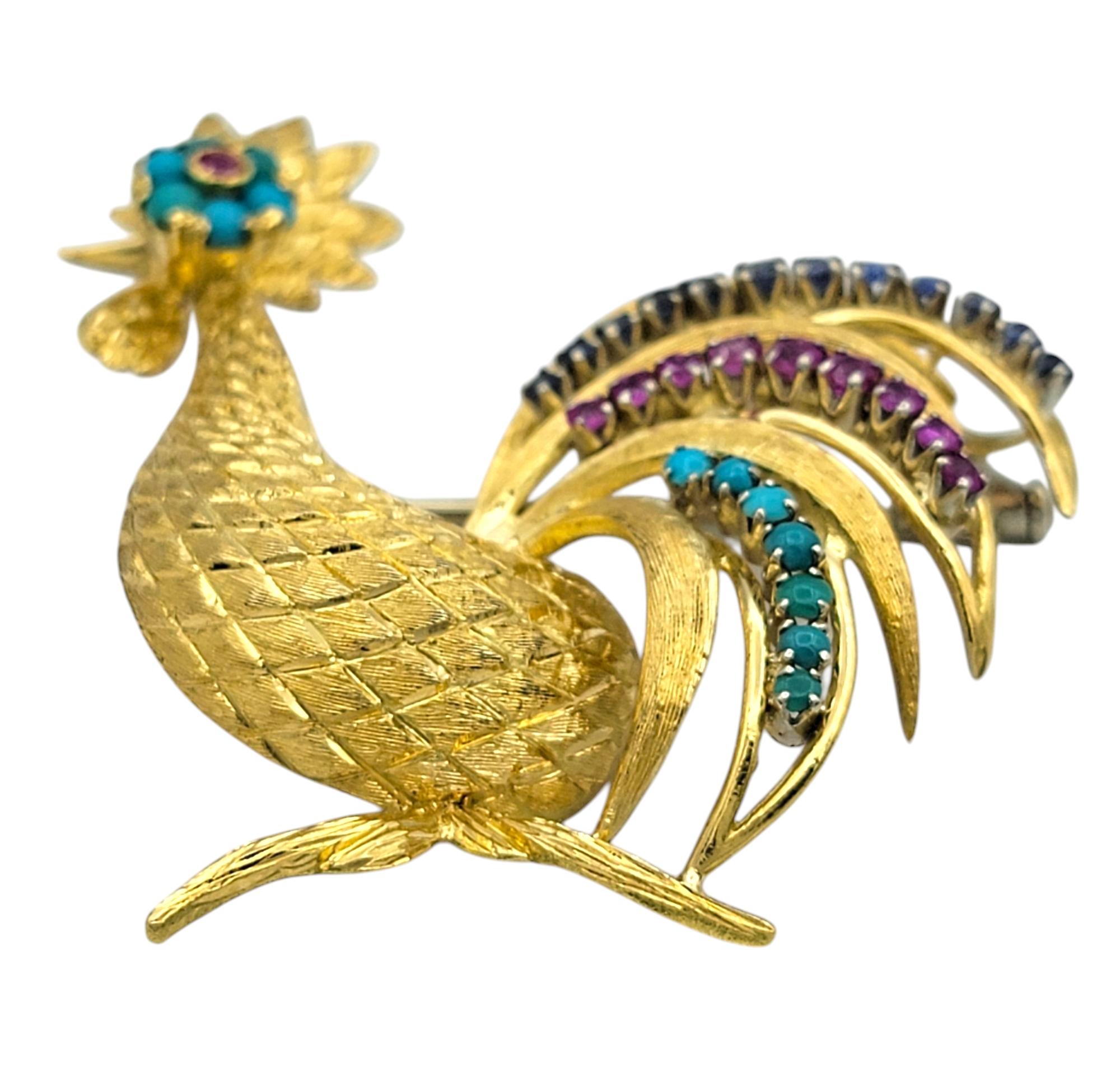 Contemporary Pink and Blue Sapphire and Turquoise Rooster Brooch in 18 Karat Yellow Gold For Sale