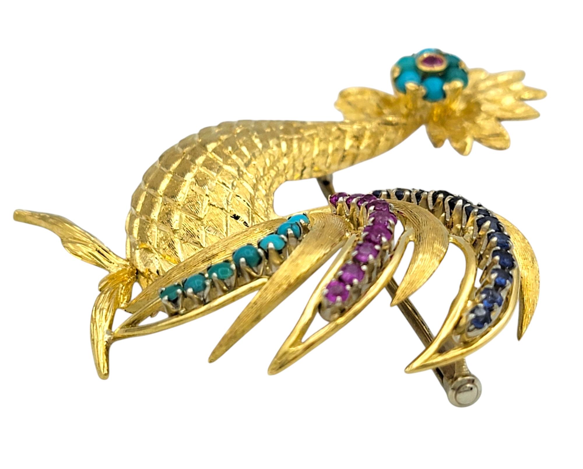 Round Cut Pink and Blue Sapphire and Turquoise Rooster Brooch in 18 Karat Yellow Gold For Sale