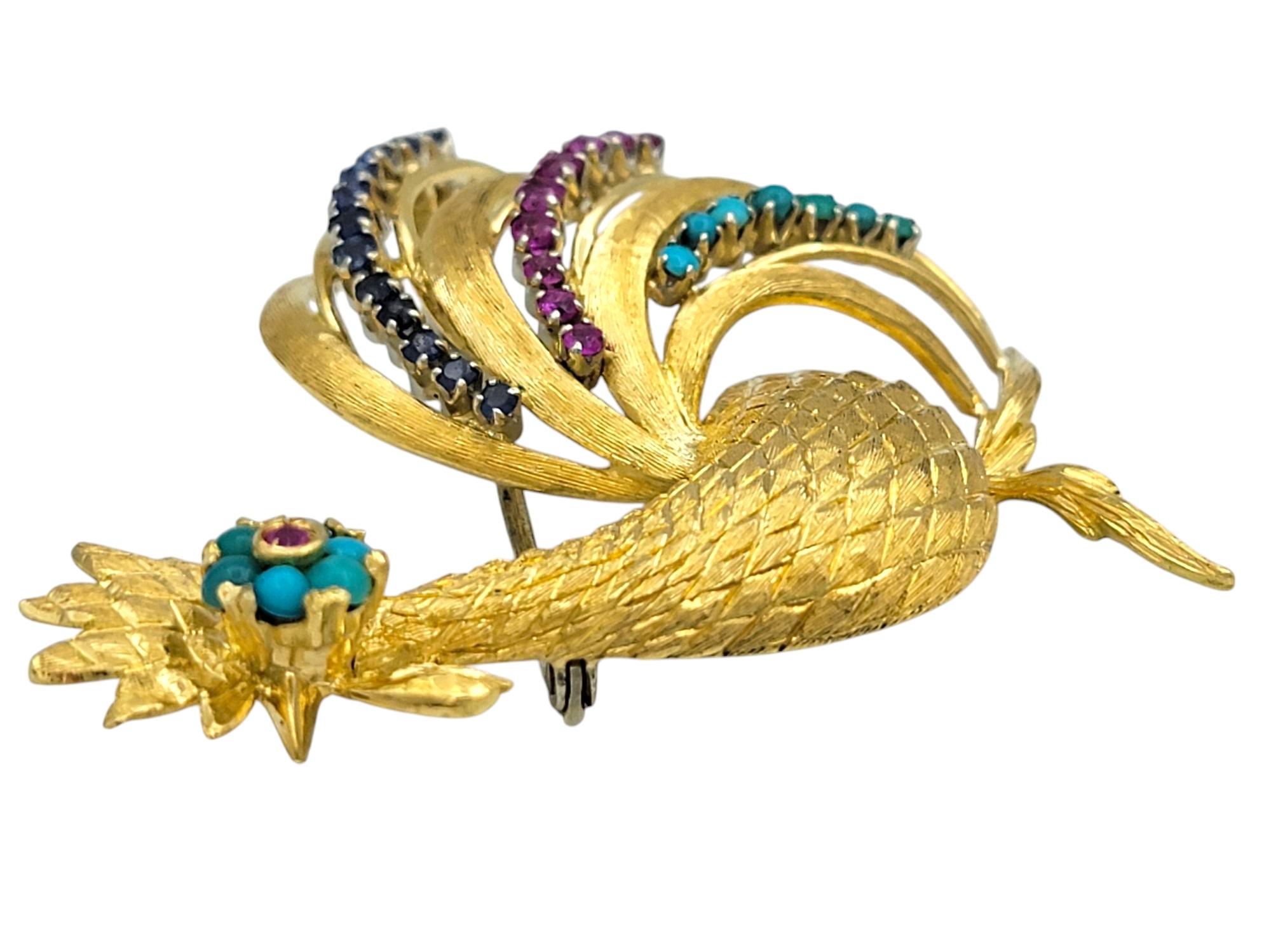 Pink and Blue Sapphire and Turquoise Rooster Brooch in 18 Karat Yellow Gold In Good Condition For Sale In Scottsdale, AZ