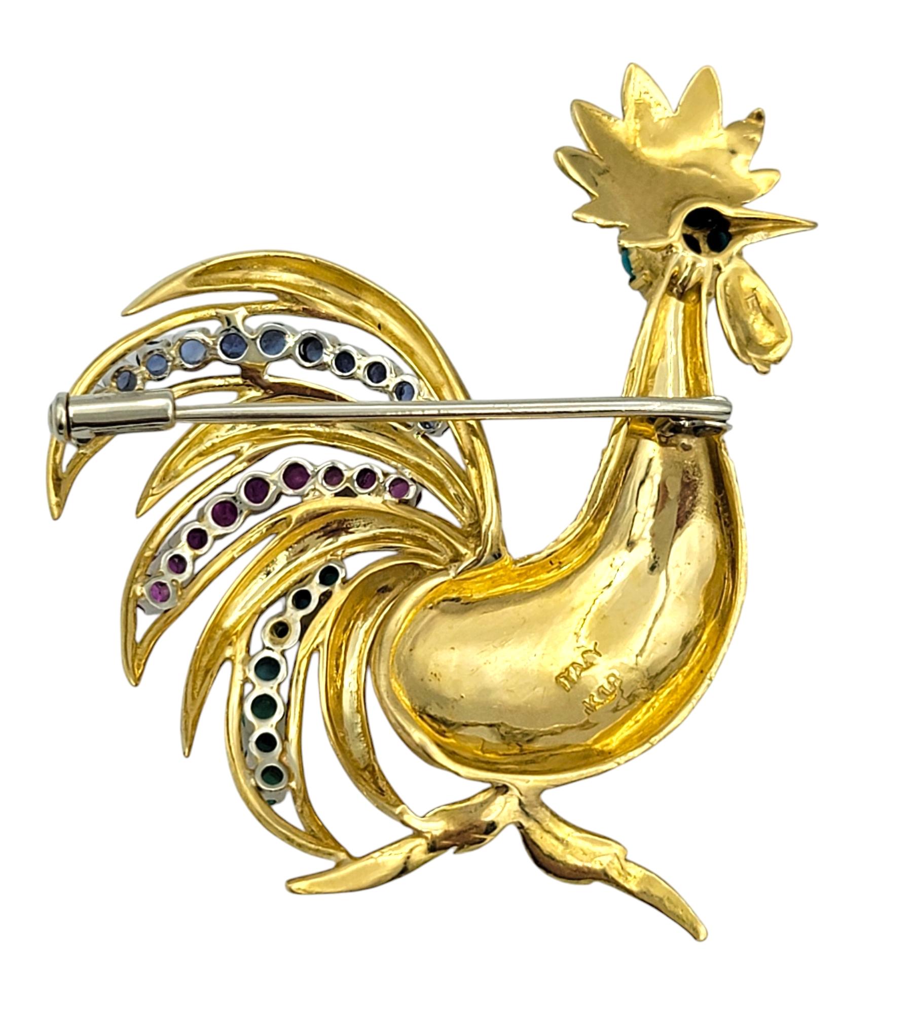 Women's Pink and Blue Sapphire and Turquoise Rooster Brooch in 18 Karat Yellow Gold For Sale