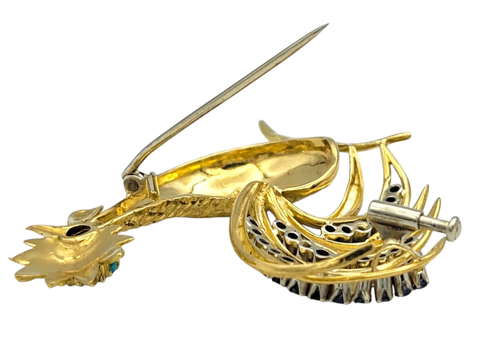Pink and Blue Sapphire and Turquoise Rooster Brooch in 18 Karat Yellow Gold For Sale 1