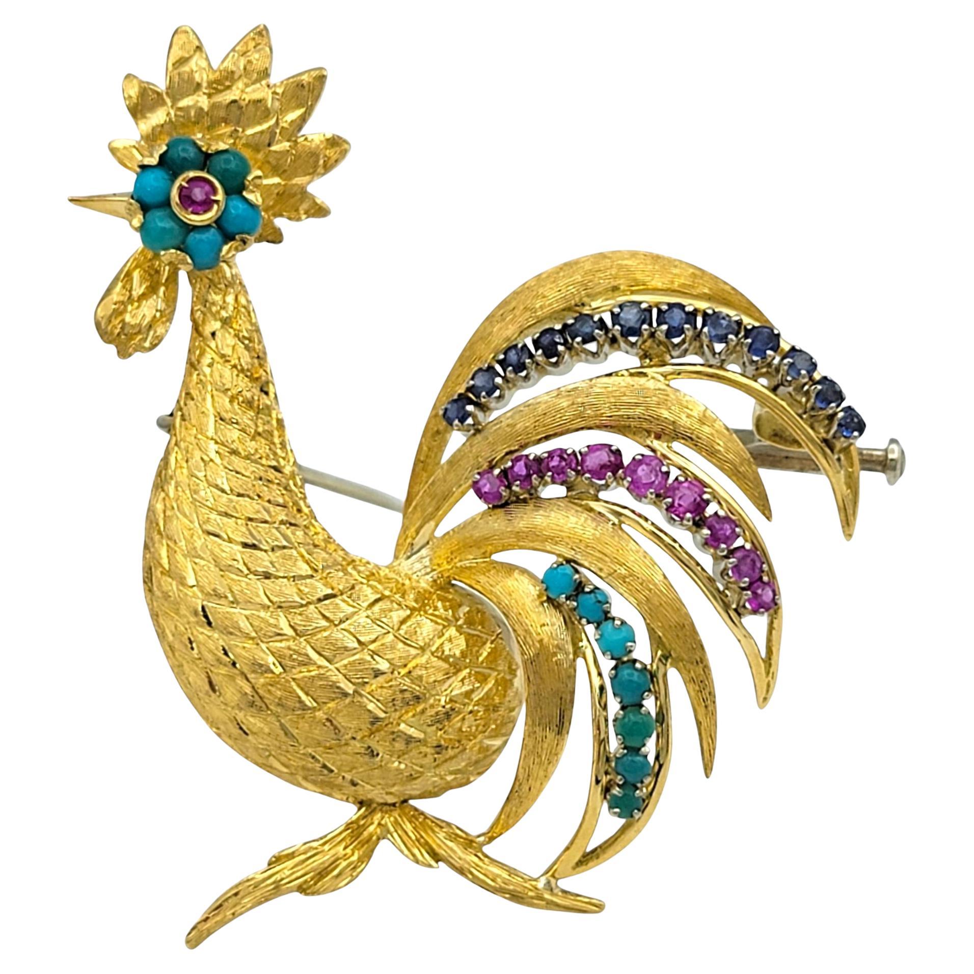 Pink and Blue Sapphire and Turquoise Rooster Brooch in 18 Karat Yellow Gold