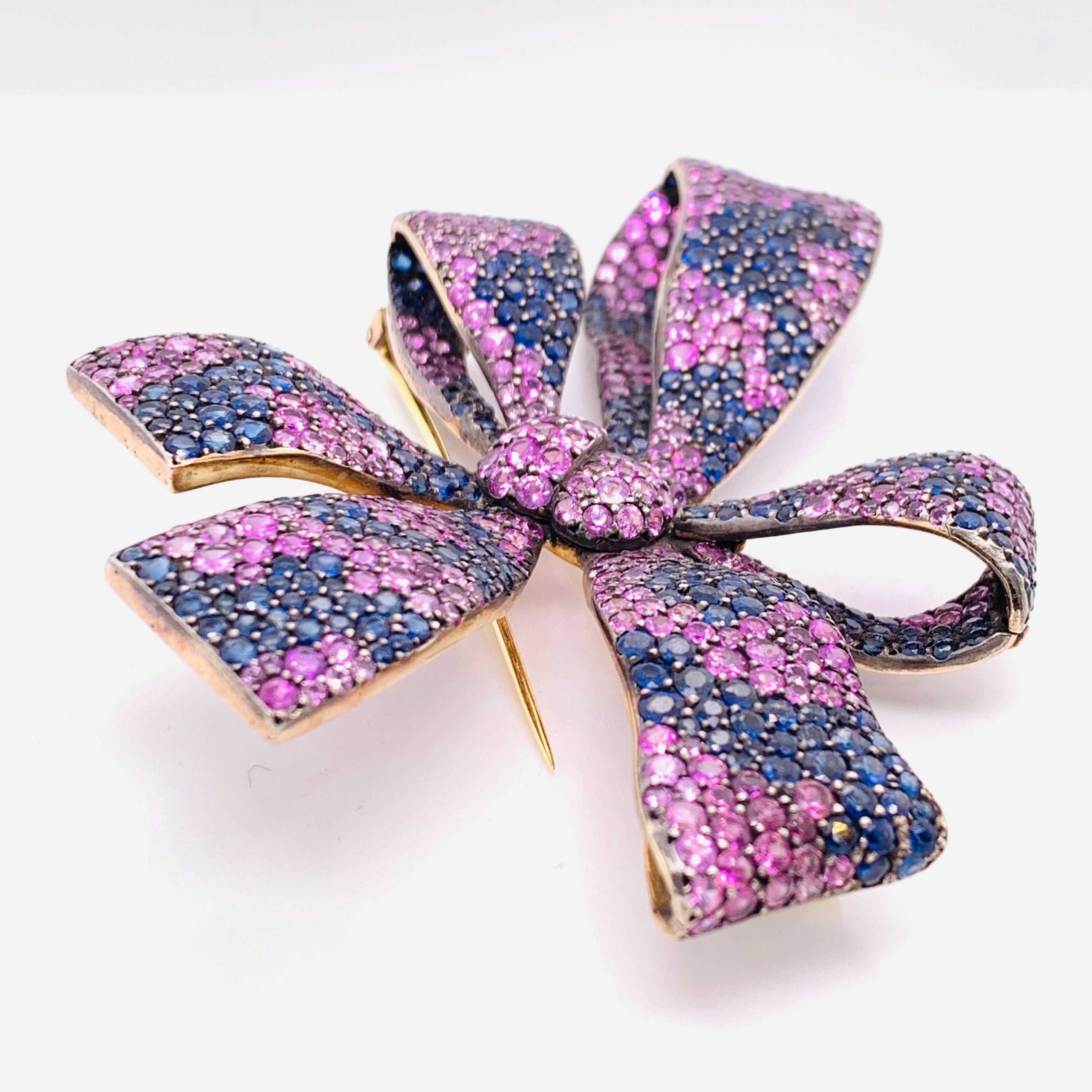 Women's Moira Design Pink and Blue Sapphire Silver and Gold Bow Brooch For Sale