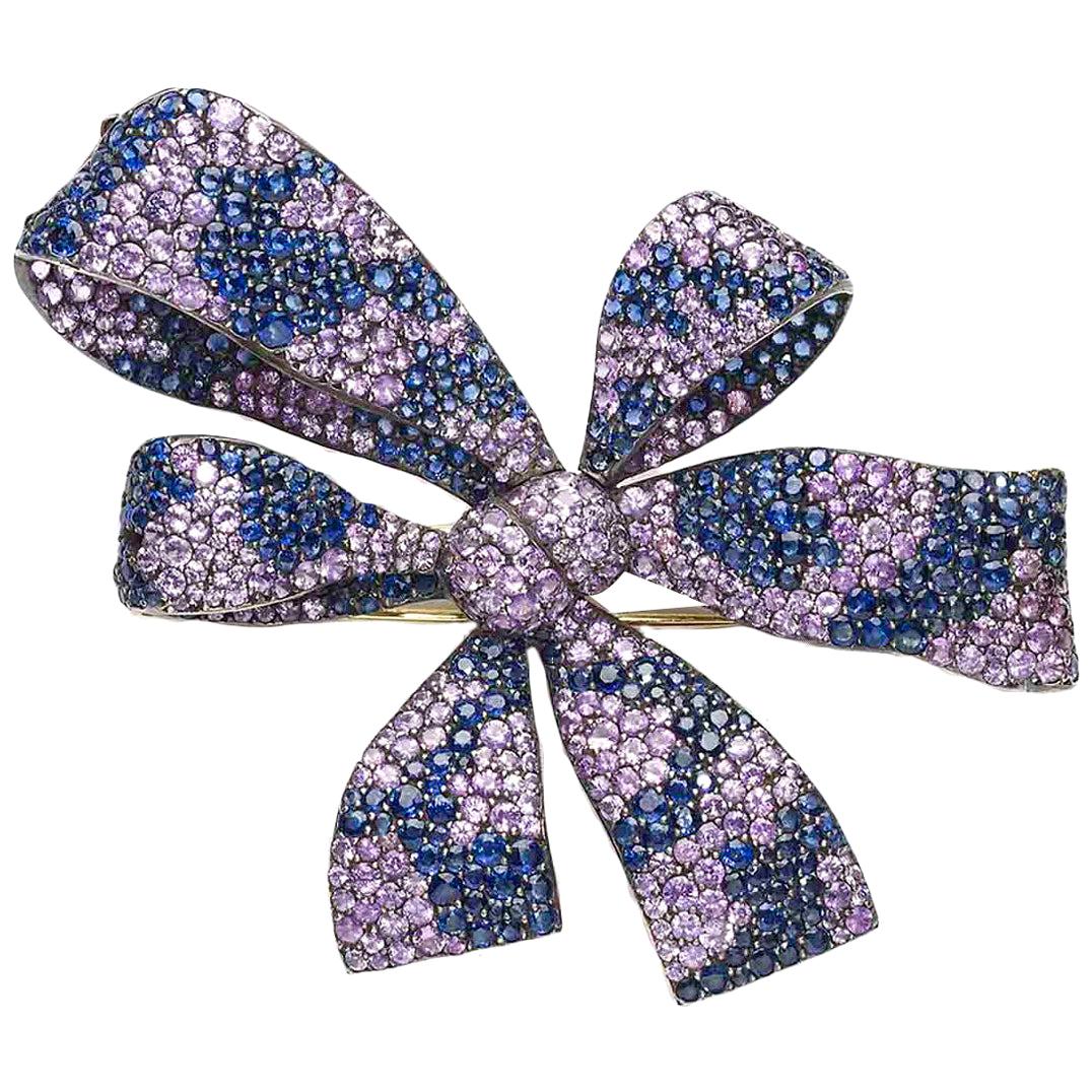 Moira Design Pink and Blue Sapphire Silver and Gold Bow Brooch For Sale