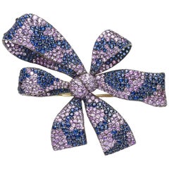 Moira Design Pink and Blue Sapphire Silver and Gold Bow Brooch