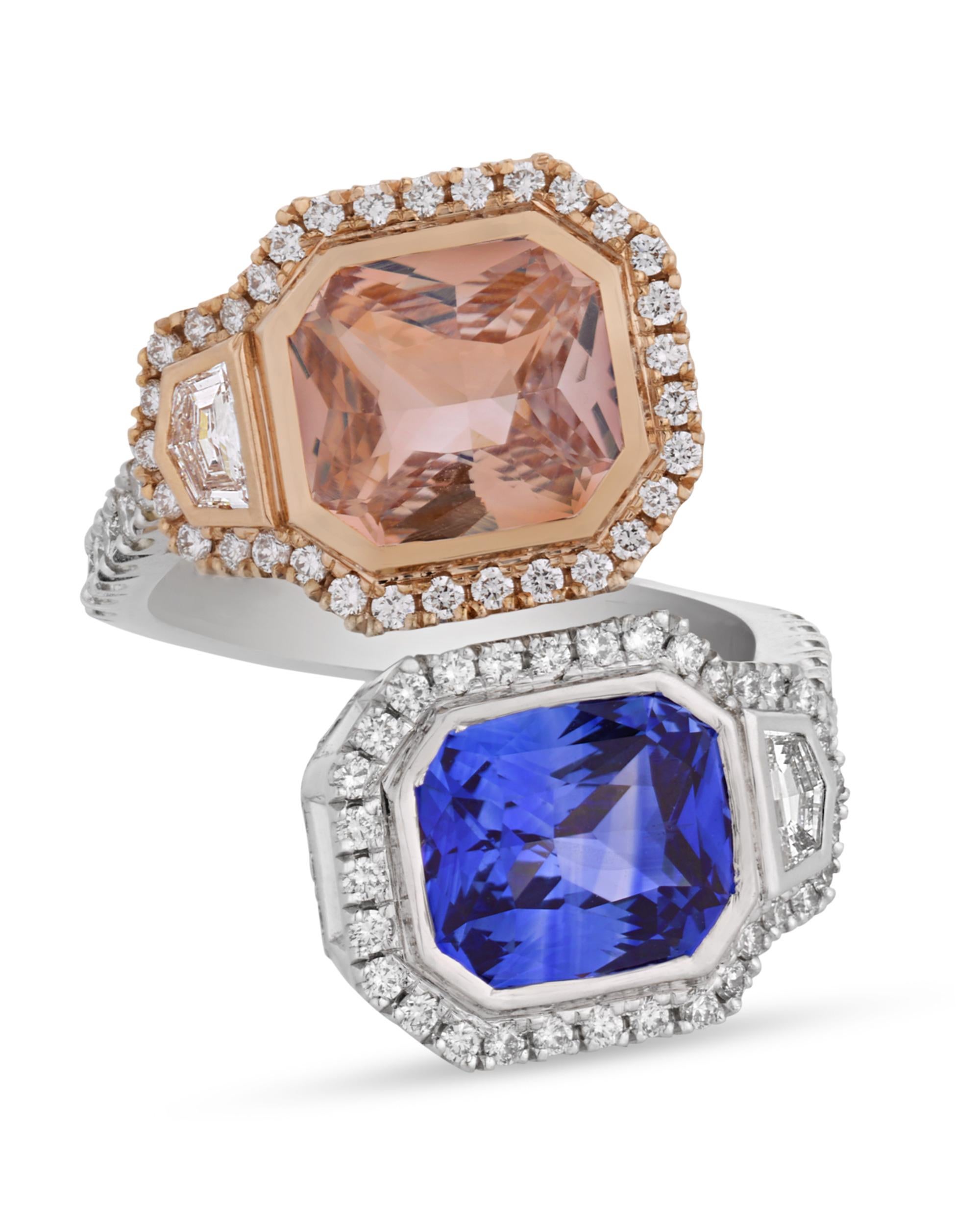 The magnificent pink and blue sapphires in this bypass ring display a singular glamour and uniqueness thanks to their two-tone rose and white gold setting. The pink sapphire weighs 3.05 carats, the blue sapphire weighs 3.38 carats, and both are