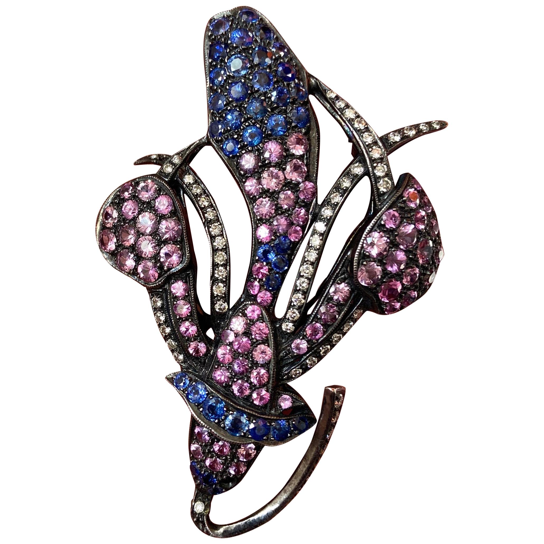 Pink and Blue Sapphire Diamond Brooch For Sale