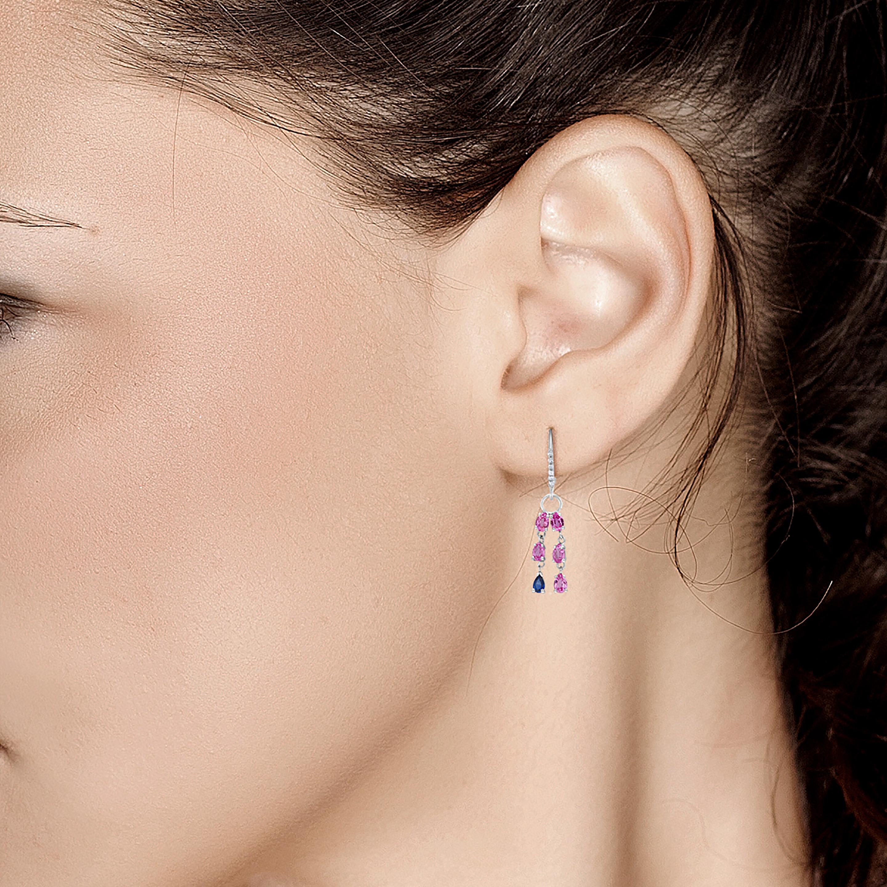 Contemporary Pink and Blue Sapphire Diamond Gold Drop Hoop Earrings