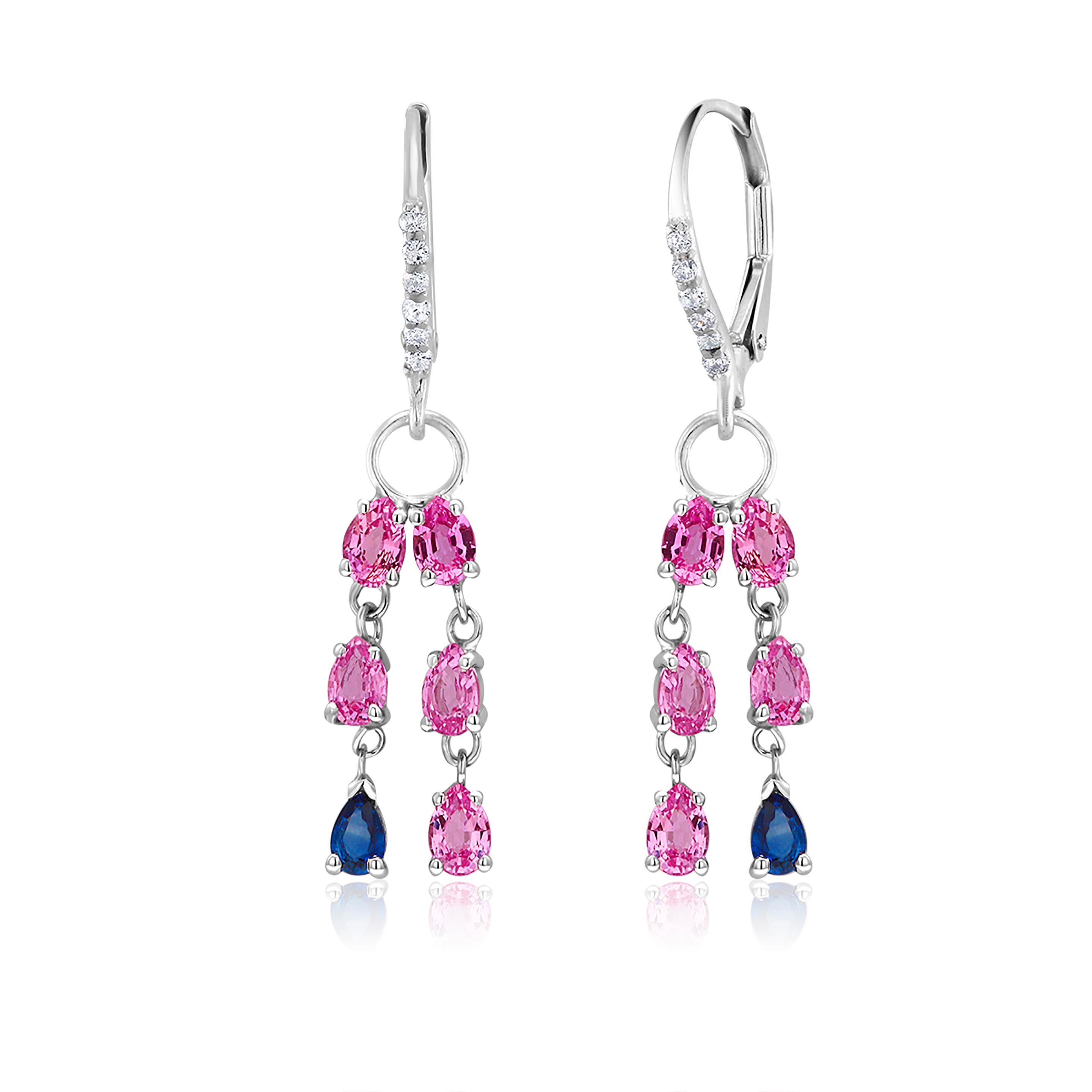 Pear Cut Pink and Blue Sapphire Diamond Gold Drop Hoop Earrings