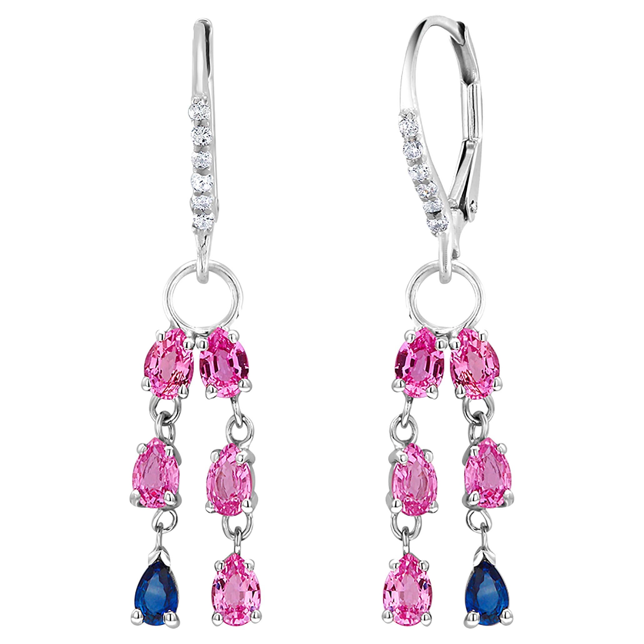 Pink and Blue Sapphire Diamond Gold Drop Hoop Earrings