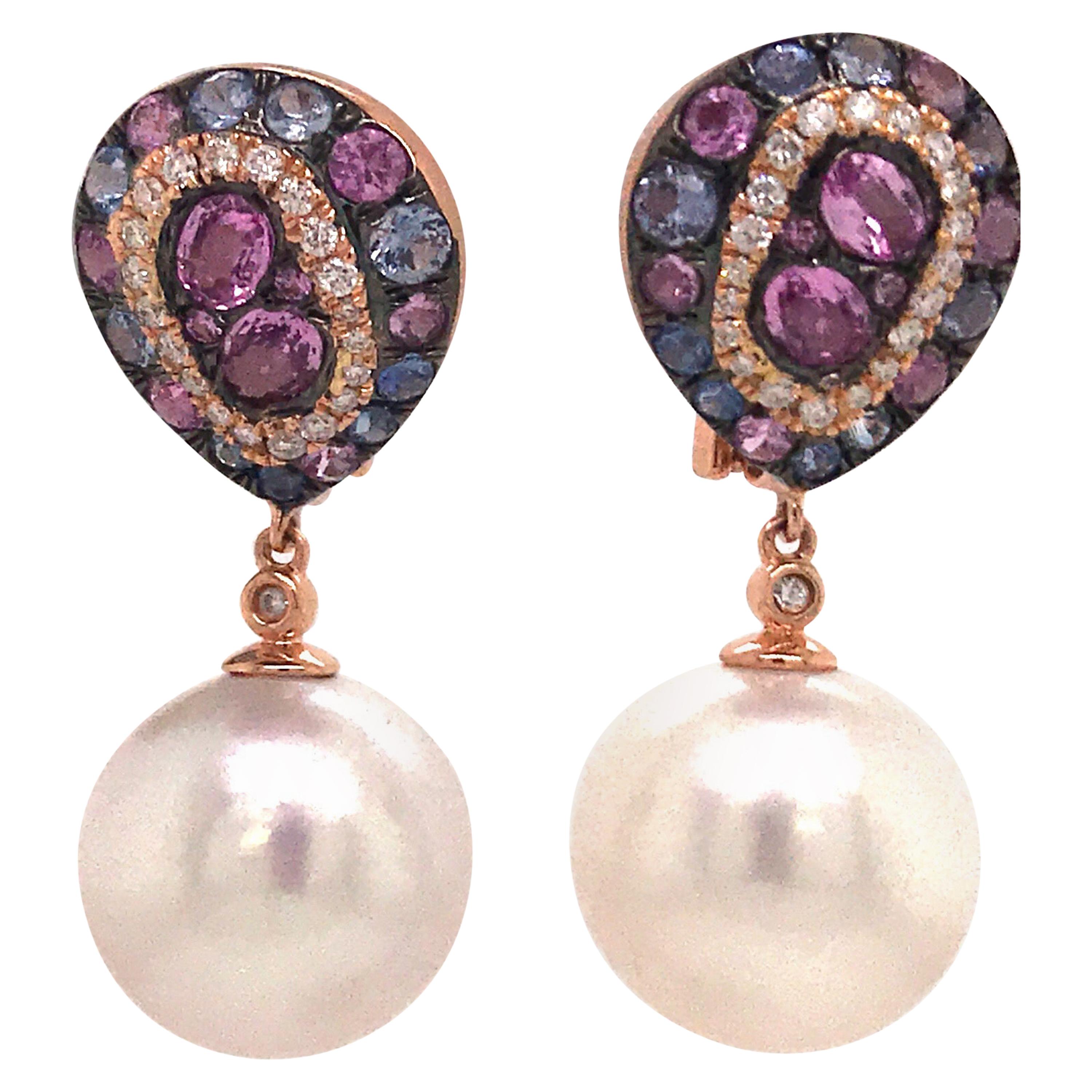 Pink and Blue Sapphire Diamond South Sea Drop Earrings 2.69 Carat 18 Karat Gold
