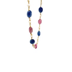 Collana con zaffiri rosa e blu in oro giallo 18 carati e perle di semi