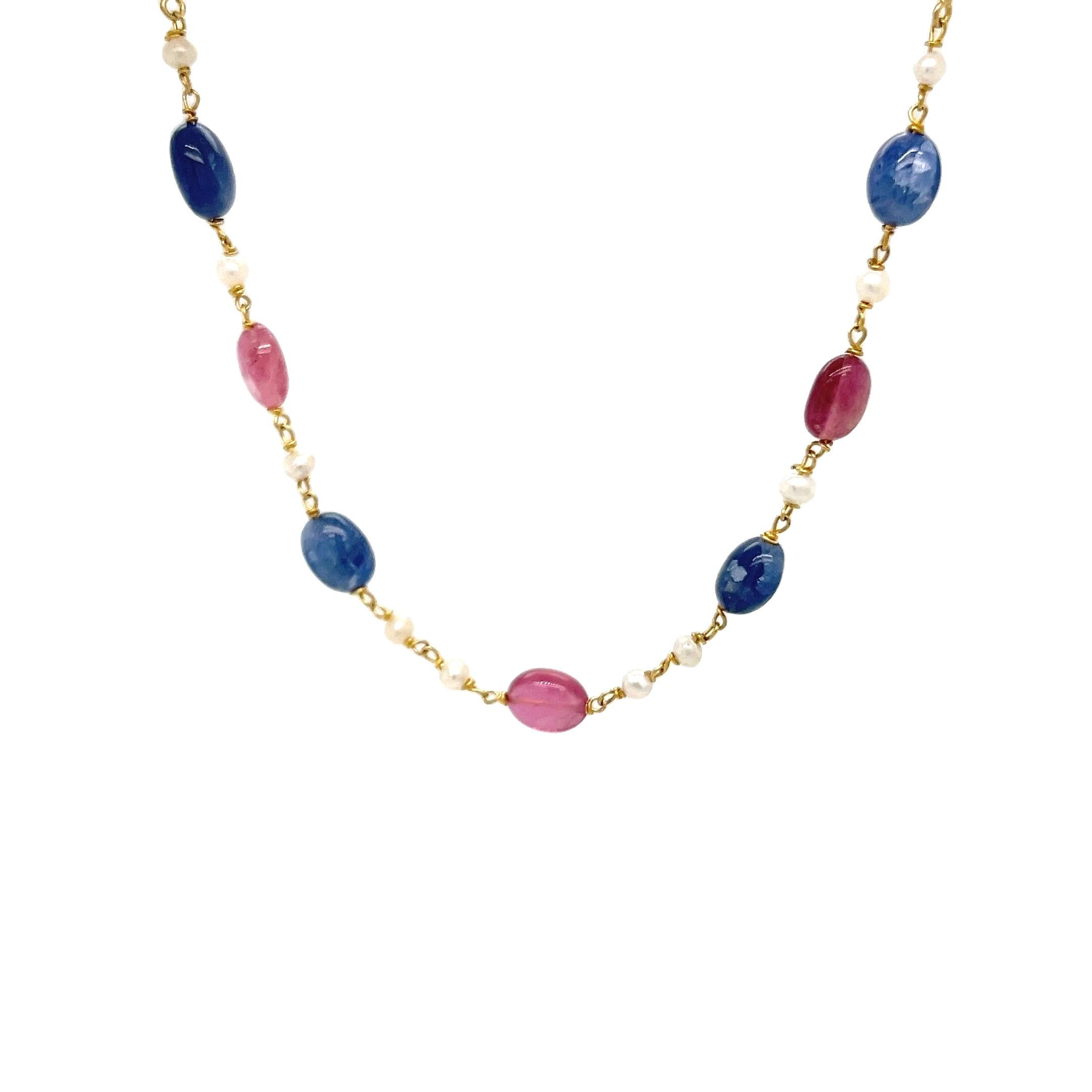 Bead Pink and blue sapphire necklace in 18 karat yellow gold with seed pearls For Sale
