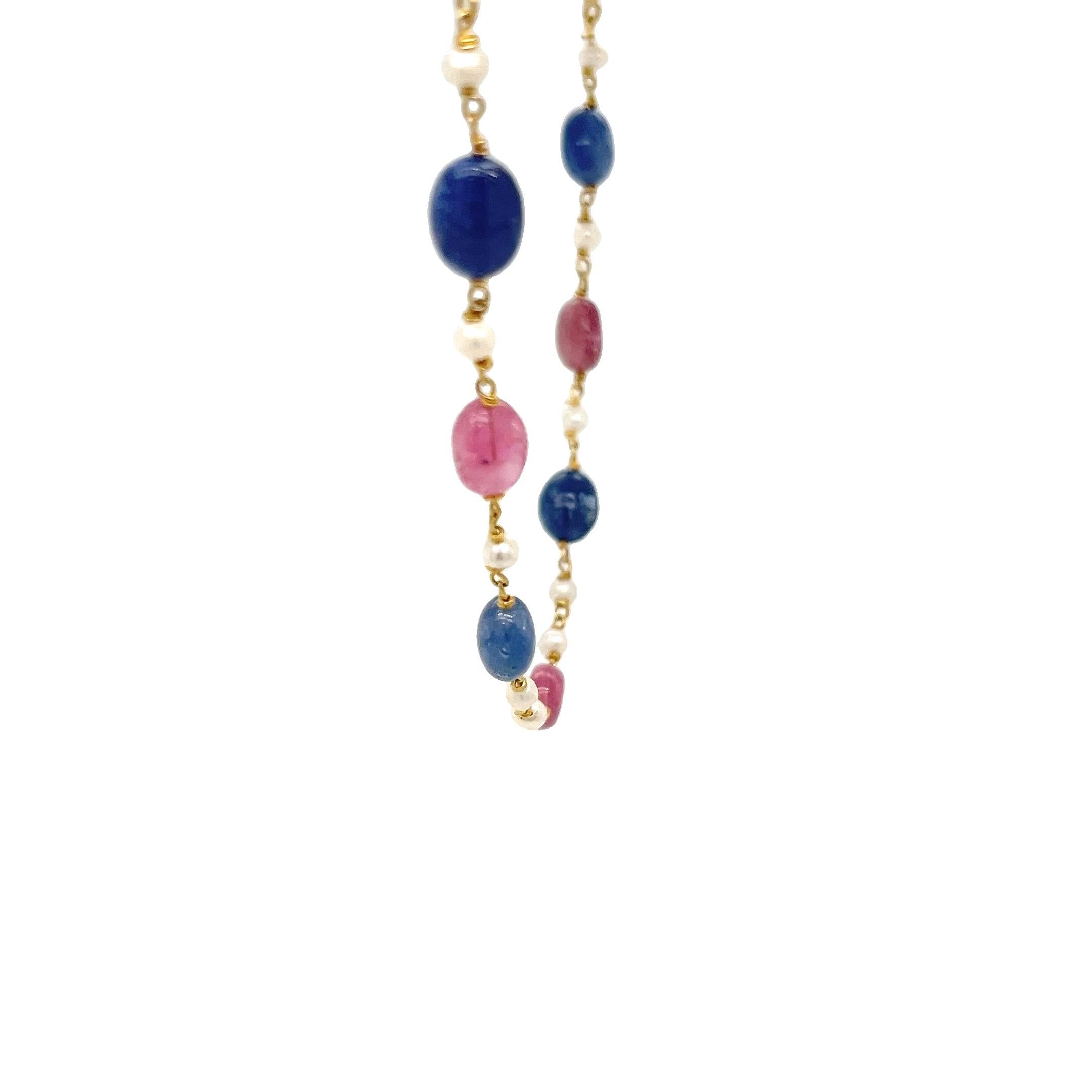 Pink and blue sapphire necklace in 18 karat yellow gold with seed pearls In Good Condition For Sale In Coral Gables, FL