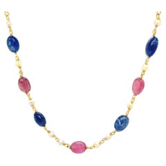 Rosa und blauer Saphir-Halskette aus 18 Karat Gelbgold mit Saatperlen