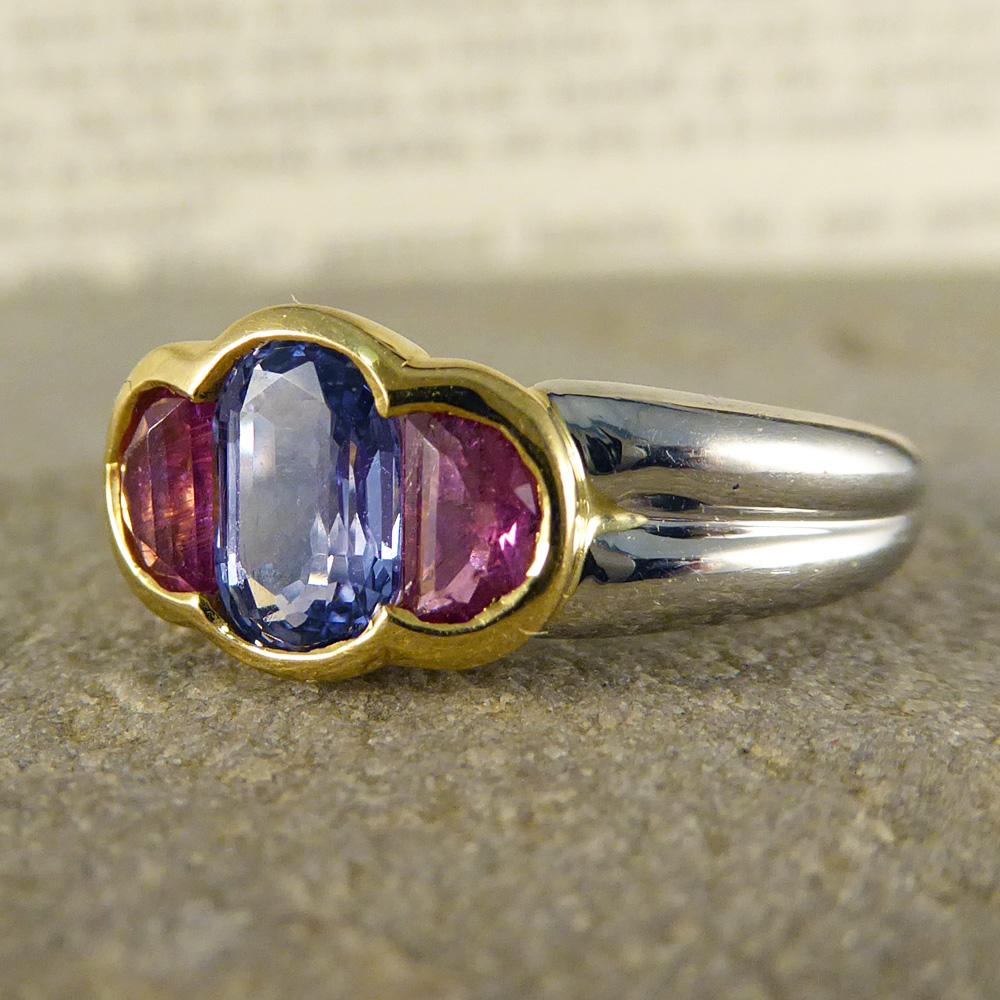 Women's Pink and Blue Sapphire Ring Set in Platinum and 18 Carat Gold