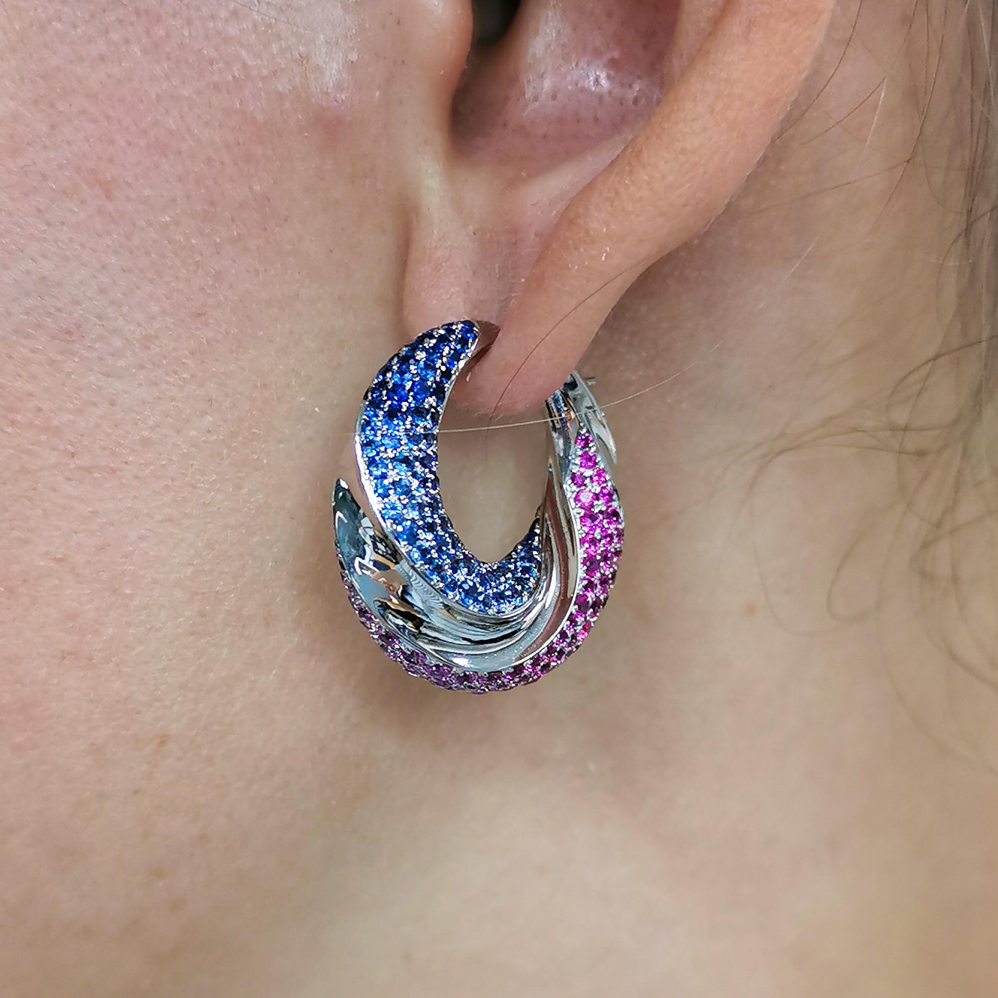 Pink and Blue Sapphires 18 Karat White Gold New Age Earrings For Sale 4