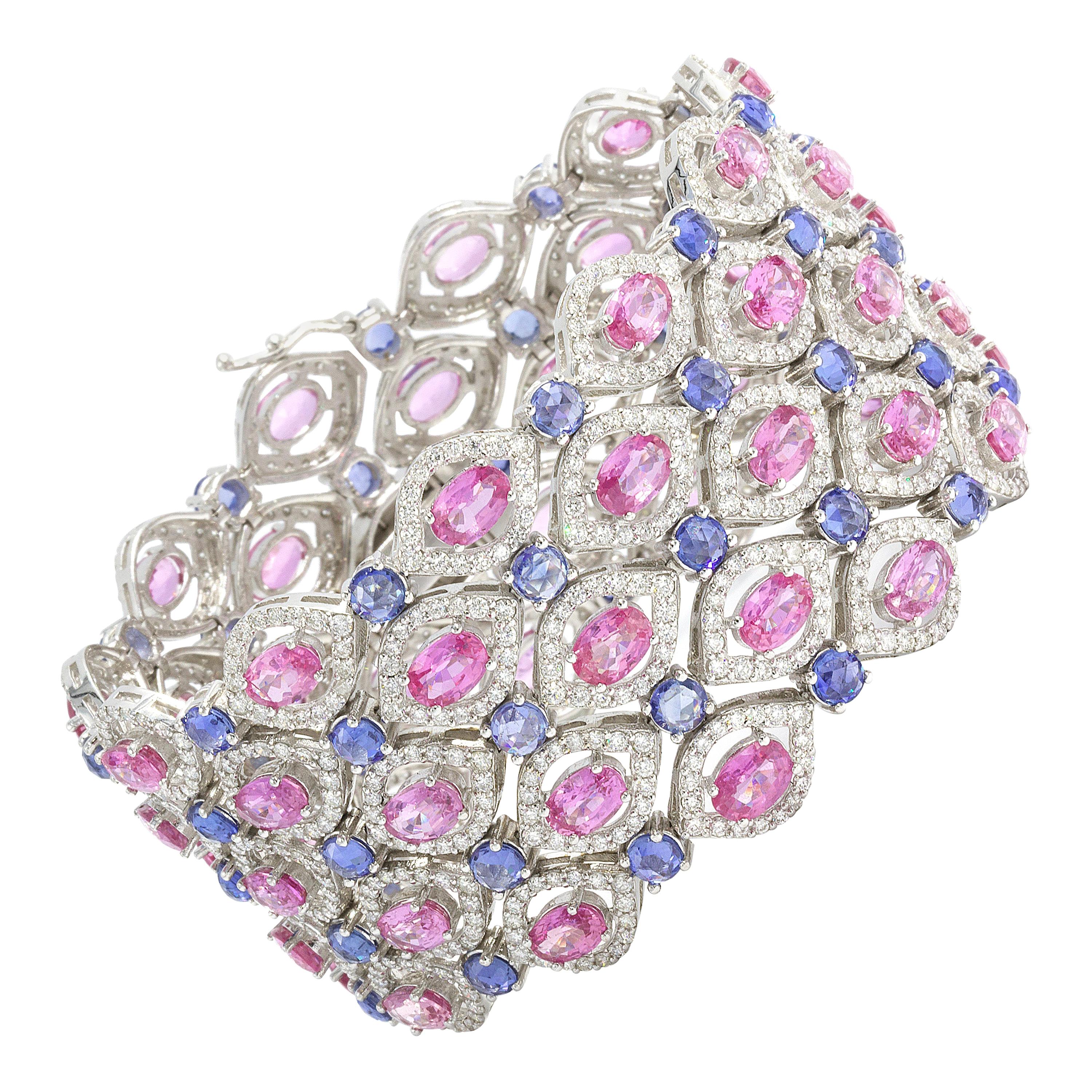 Pink and Blue Sapphires 48 Carat With Diamonds 9.36 Carat Bracelet
