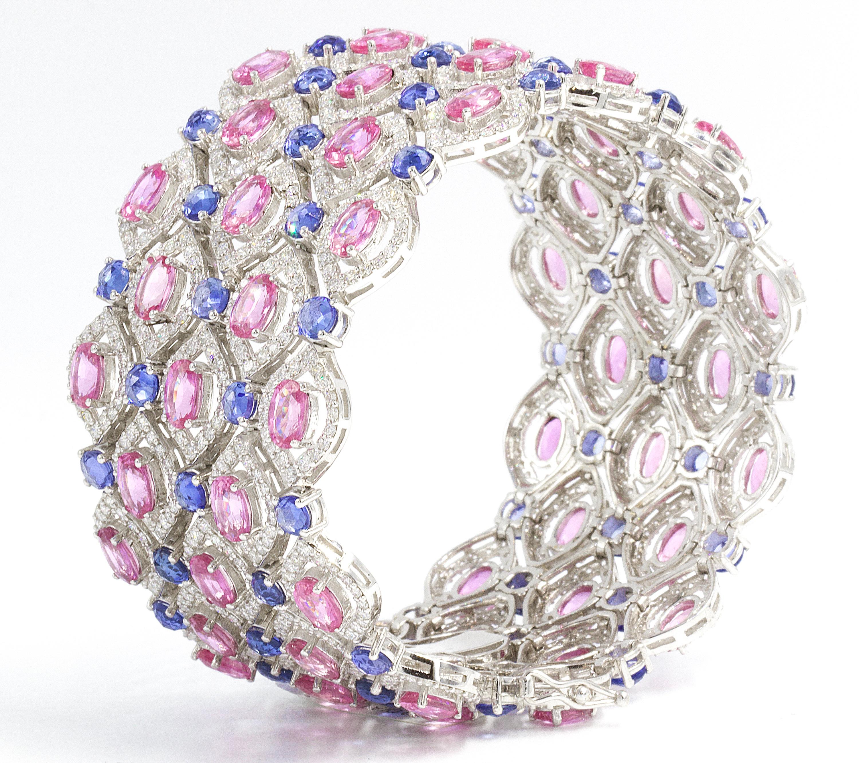 Modern Pink and Blue Sapphires 48 Carat With Diamonds 9.36 Carat Bracelet