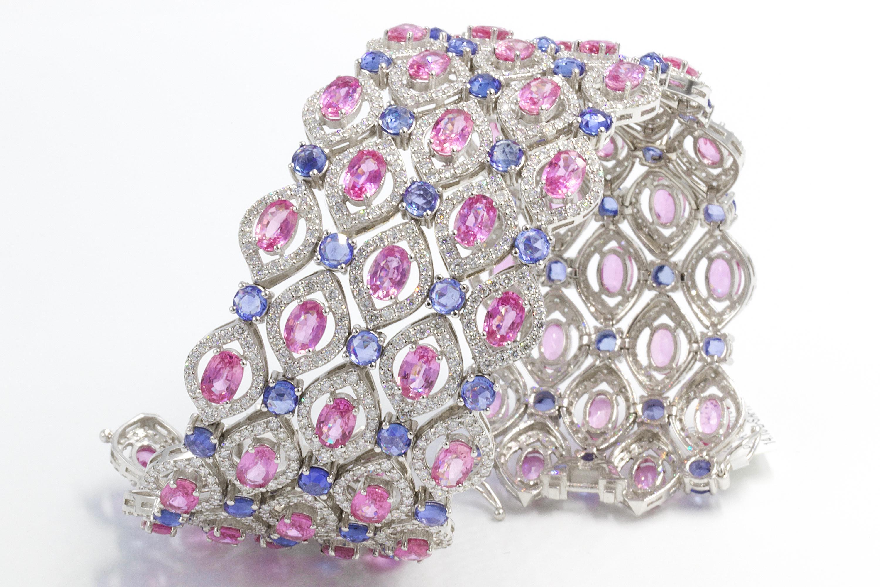 Oval Cut Pink and Blue Sapphires 48 Carat With Diamonds 9.36 Carat Bracelet